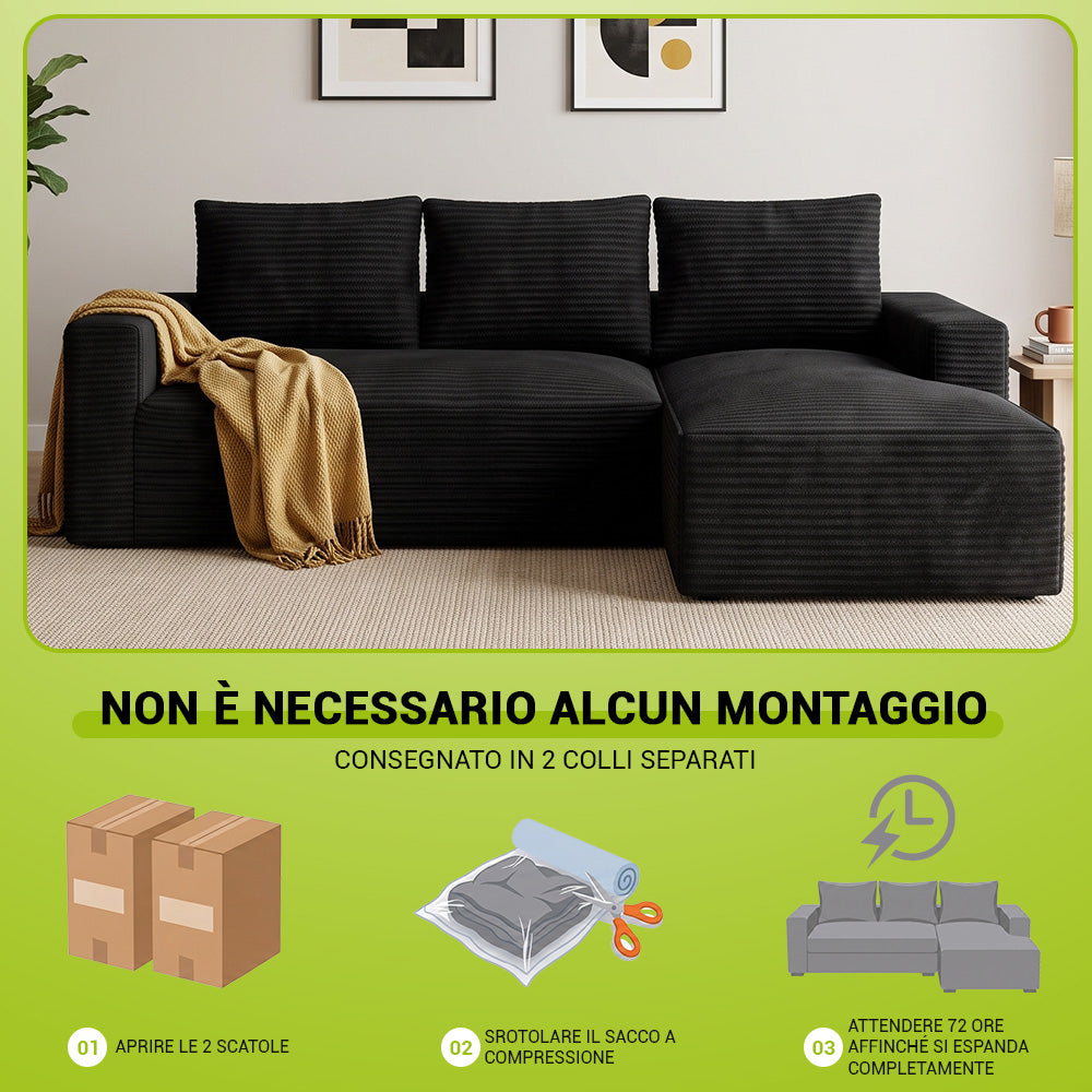 Divano Componibile Modulare Senza Struttura A Forma Di L In Velluto A Coste Con Chaise Longue, Nessun Montaggio Richiesto