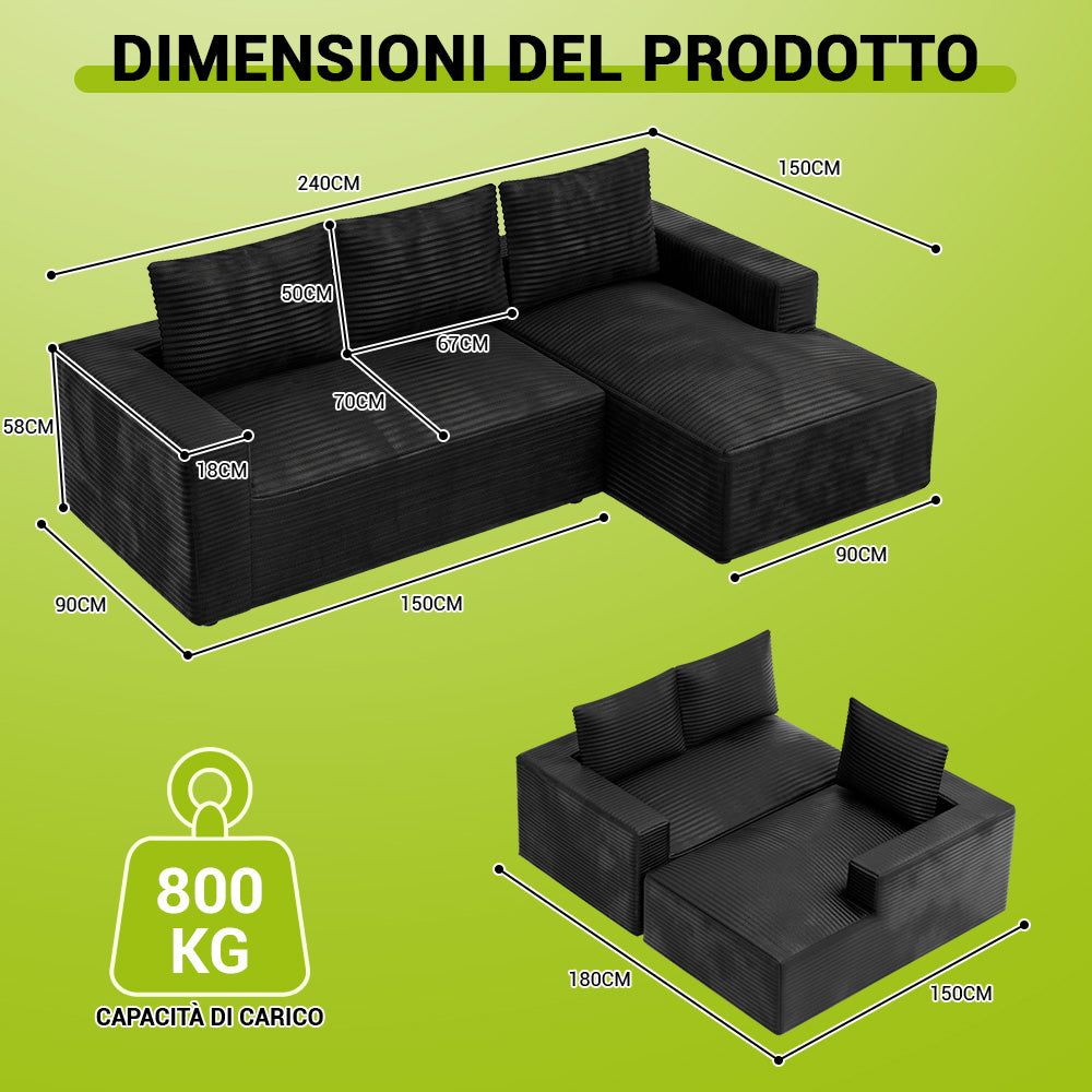 Divano Componibile Modulare Senza Struttura A Forma Di L In Velluto A Coste Con Chaise Longue, Nessun Montaggio Richiesto