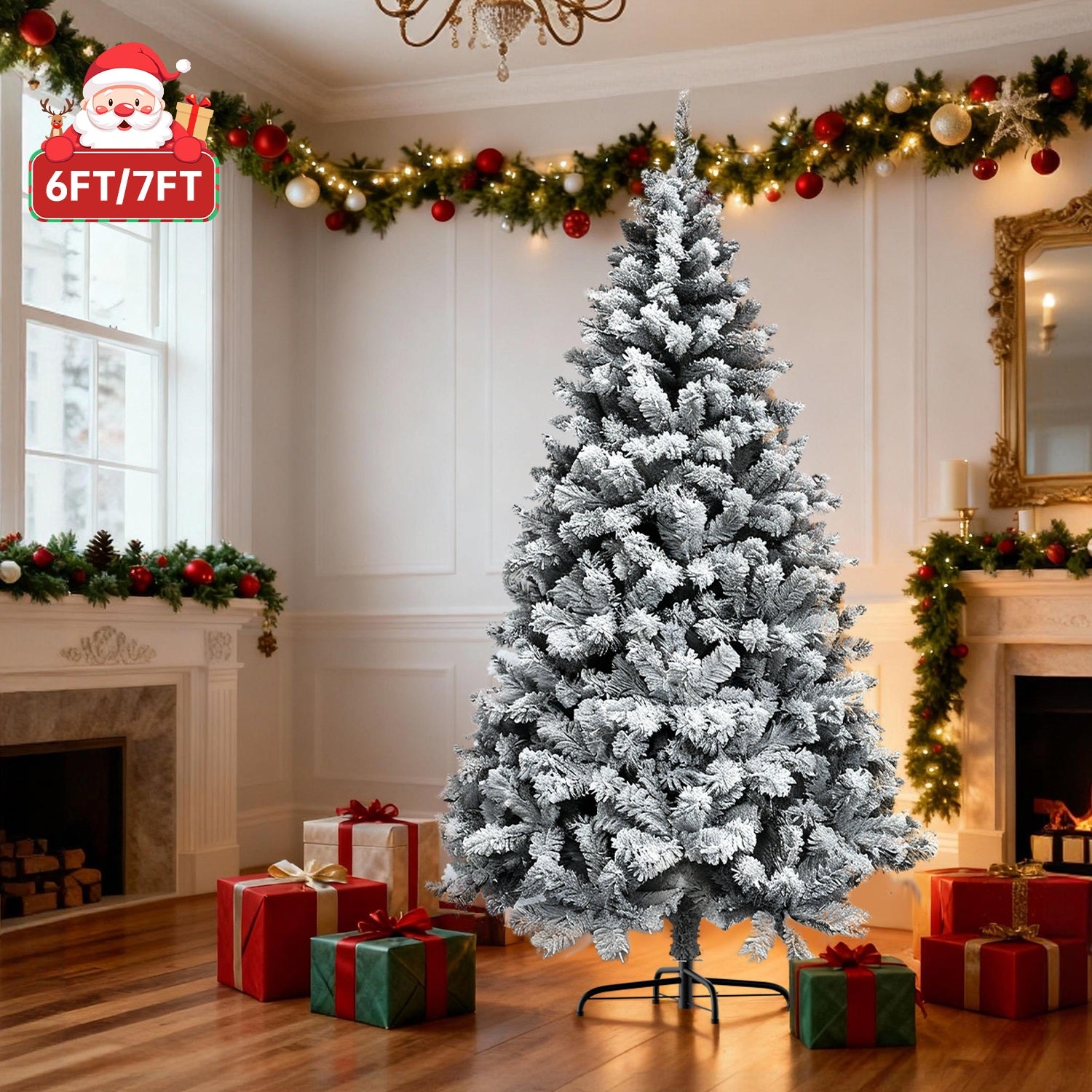 Albero di Natale Artificiale, Albero Pieghevole Floccato con Supporto in Metallo