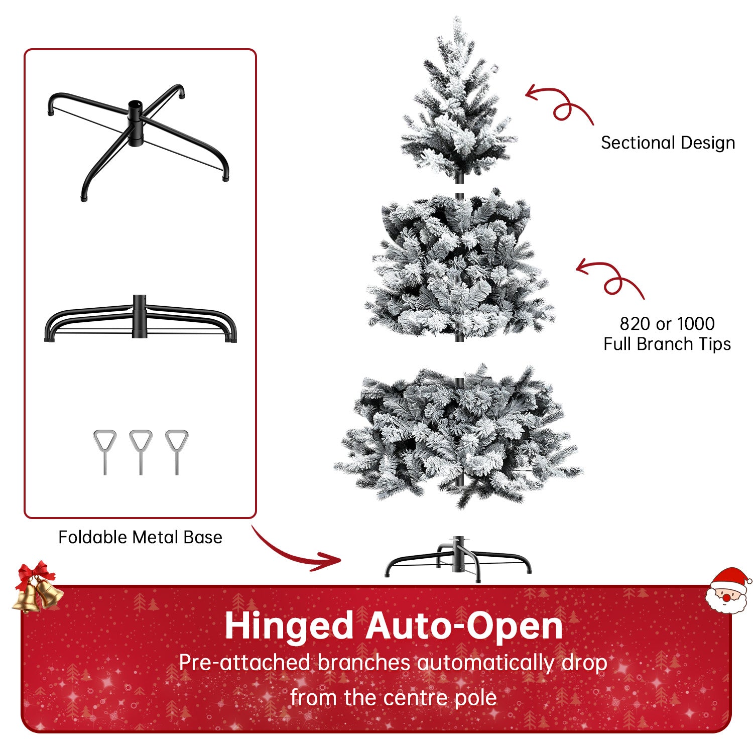 Albero di Natale Artificiale, Albero Pieghevole Floccato con Supporto in Metallo