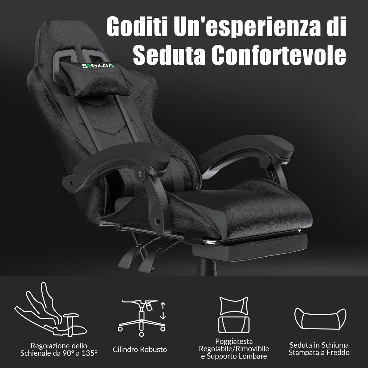 Sedia da Gioco Ergonomica Reclinabile e Girevole a 135° con Poggiatesta, Poggiapiedi e Supporto Lombare, Sedia da Ufficio in Similpelle
