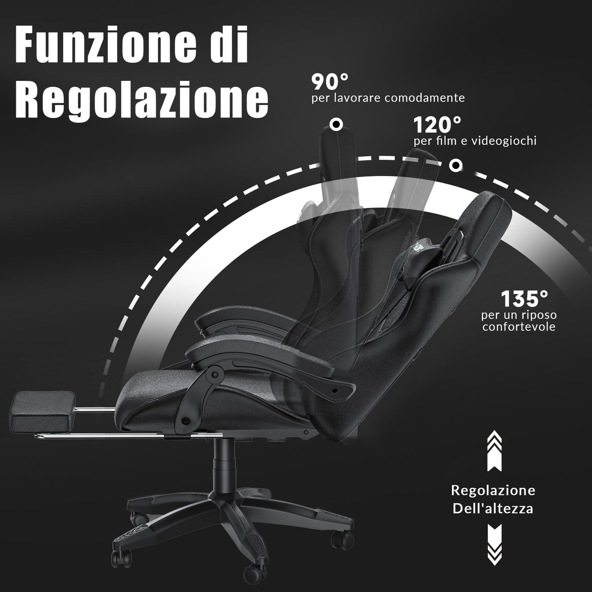 Sedia da Gioco Ergonomica Reclinabile e Girevole a 135° con Poggiatesta, Poggiapiedi e Supporto Lombare, Sedia da Ufficio in Similpelle