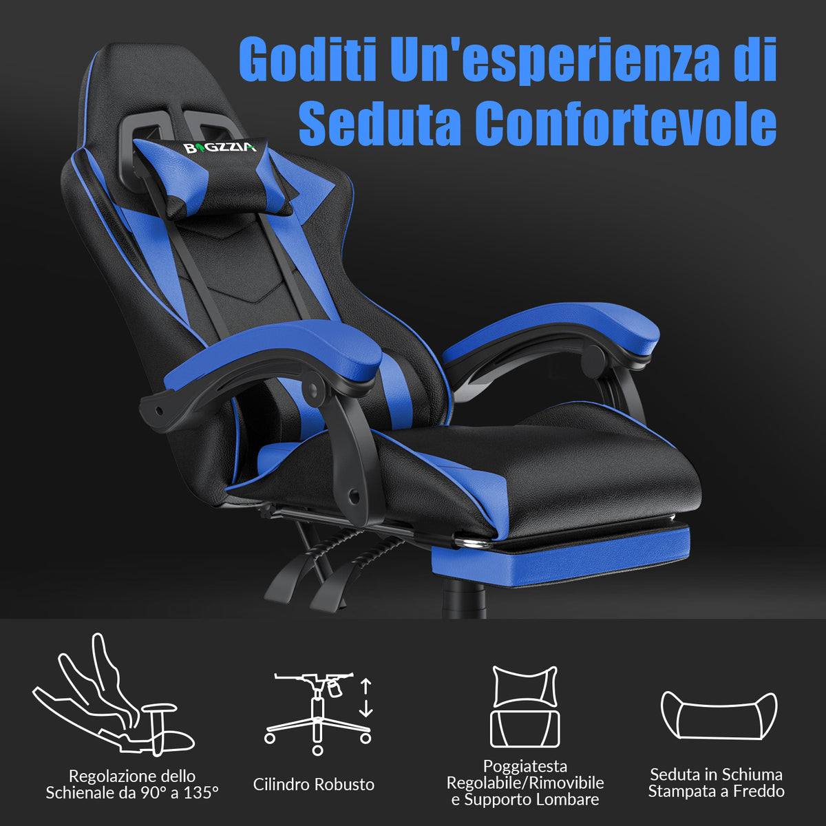 Sedia da Gioco Ergonomica Reclinabile e Girevole a 135° con Poggiatesta, Poggiapiedi e Supporto Lombare, Sedia da Ufficio in Similpelle