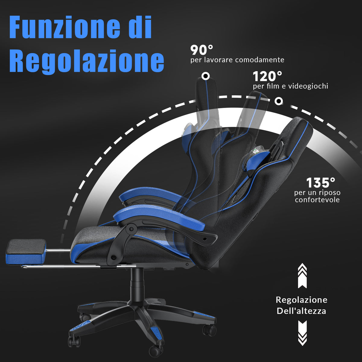 Sedia da Gioco Ergonomica Reclinabile e Girevole a 135° con Poggiatesta, Poggiapiedi e Supporto Lombare, Sedia da Ufficio in Similpelle