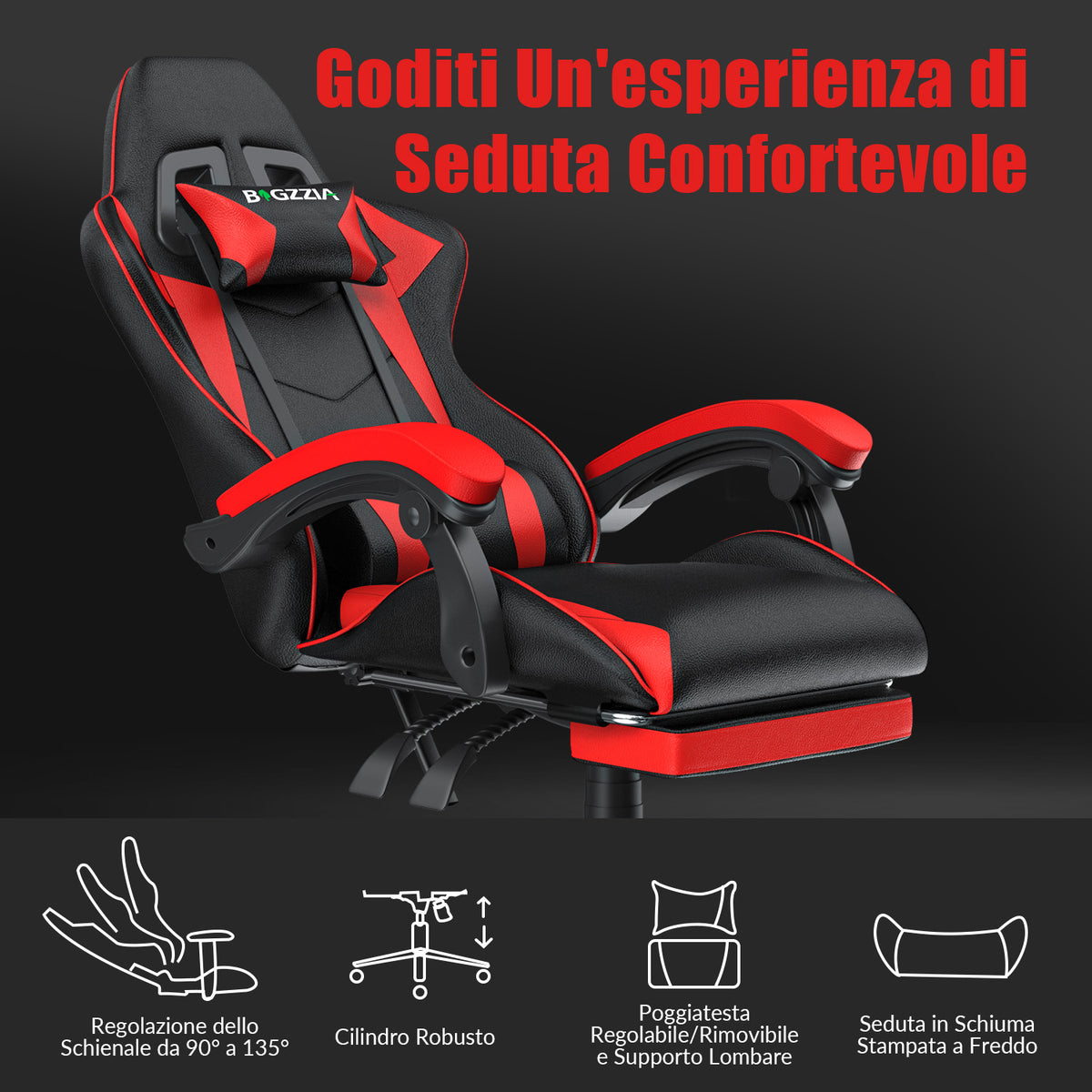 Sedia da Gioco Ergonomica Reclinabile e Girevole a 135° con Poggiatesta, Poggiapiedi e Supporto Lombare, Sedia da Ufficio in Similpelle