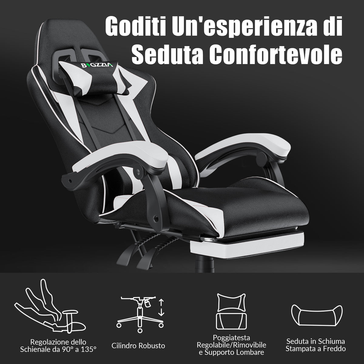 Sedia da Gioco Ergonomica Reclinabile e Girevole a 135° con Poggiatesta, Poggiapiedi e Supporto Lombare, Sedia da Ufficio in Similpelle
