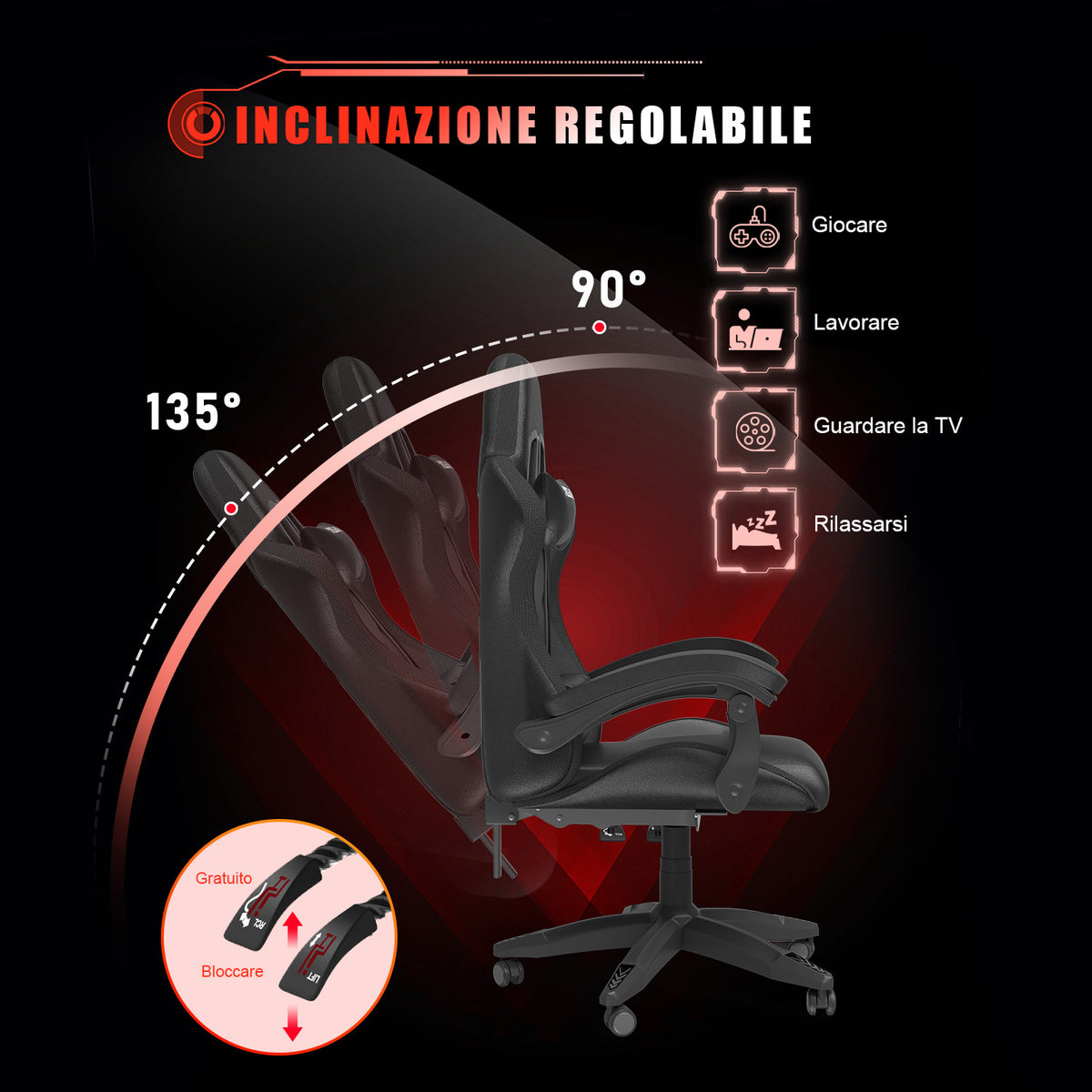 Sedia da Gioco Ergonomica con Luci LED RGB, Reclinabile, Poggiatesta e Supporto Lombare Stile Racing