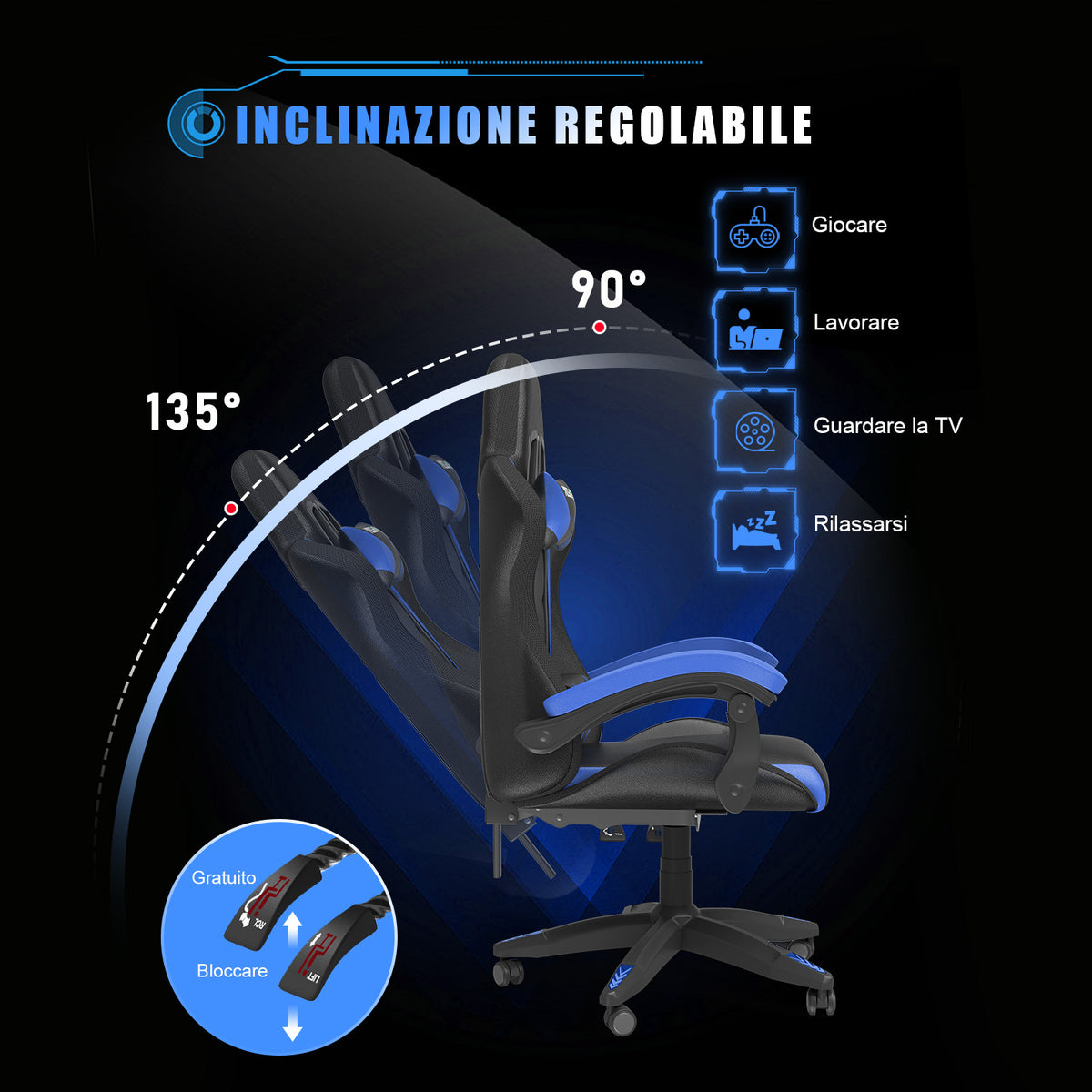 Sedia da Gioco Ergonomica con Luci LED RGB, Reclinabile, Poggiatesta e Supporto Lombare Stile Racing