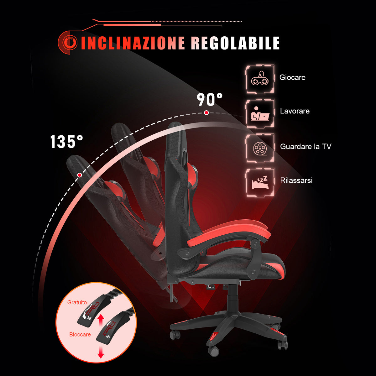 Sedia da Gioco Ergonomica con Luci LED RGB, Reclinabile, Poggiatesta e Supporto Lombare Stile Racing
