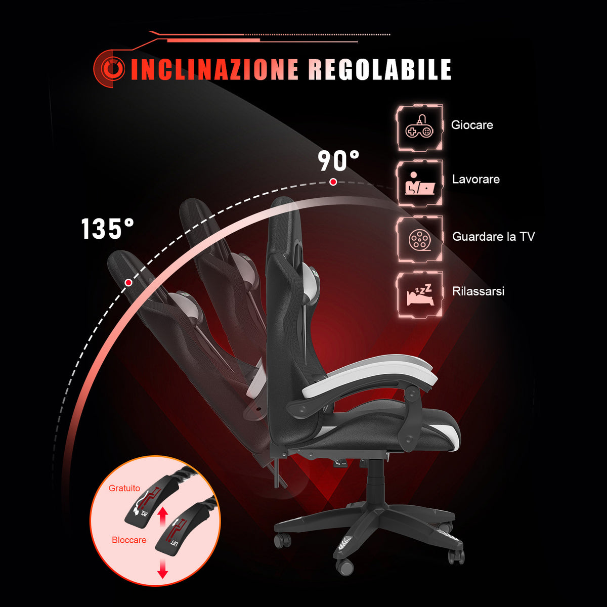 Sedia da Gioco Ergonomica con Luci LED RGB, Reclinabile, Poggiatesta e Supporto Lombare Stile Racing