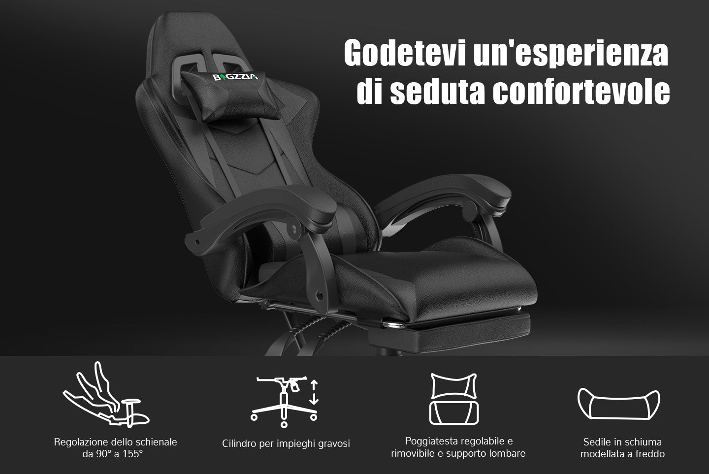 Sedia da gioco ergonomica 155° reclinabile e girevole con poggiatesta, supporto lombare Sedia da ufficio in pelle PU