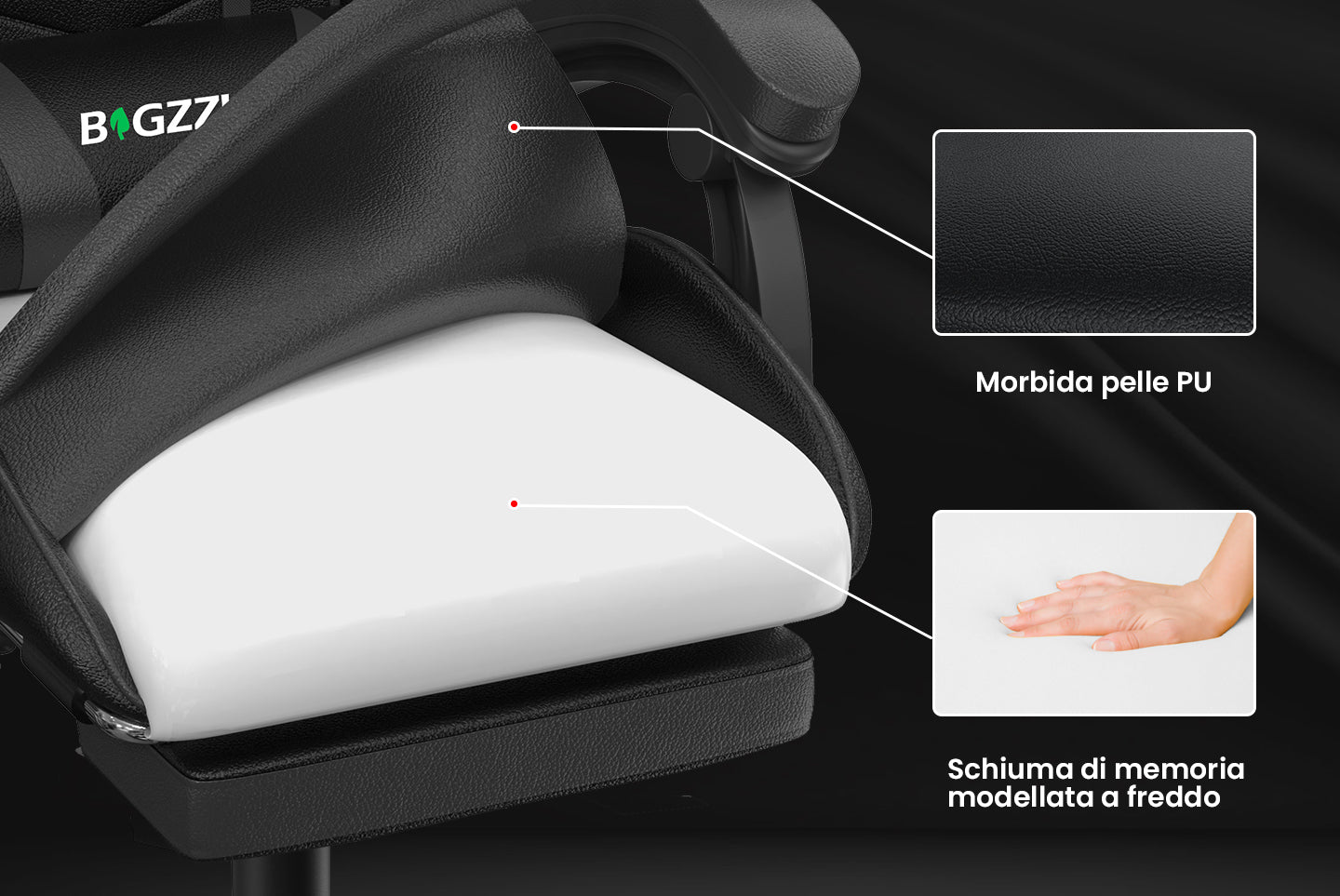 Sedia da gioco ergonomica 155° reclinabile e girevole con poggiatesta, supporto lombare Sedia da ufficio in pelle PU