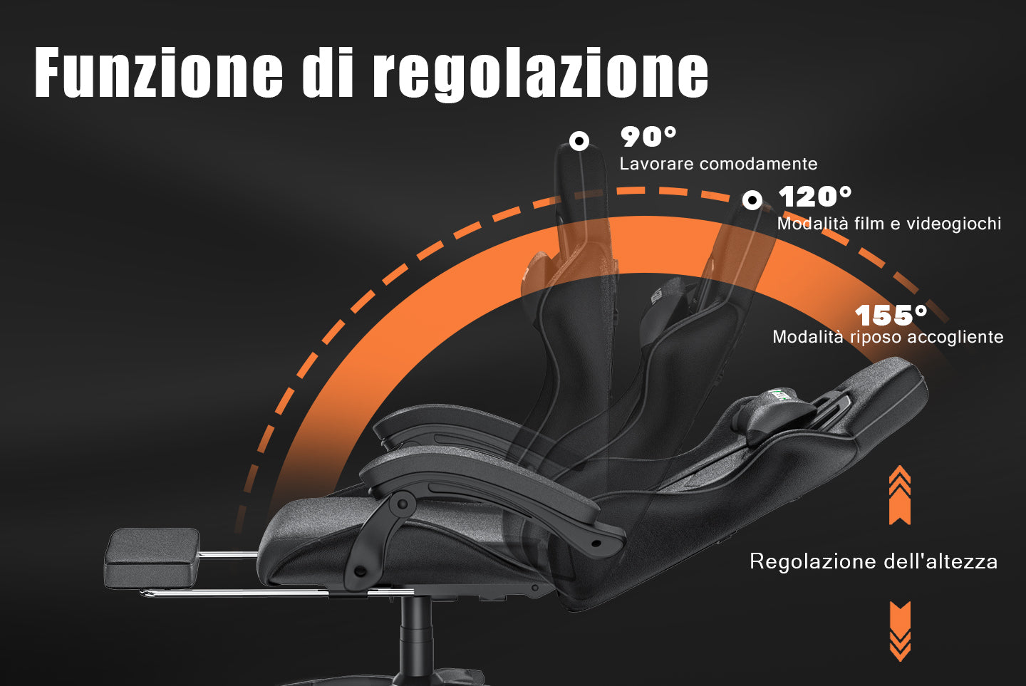Sedia da gioco ergonomica 155° reclinabile e girevole con poggiatesta, supporto lombare Sedia da ufficio in pelle PU