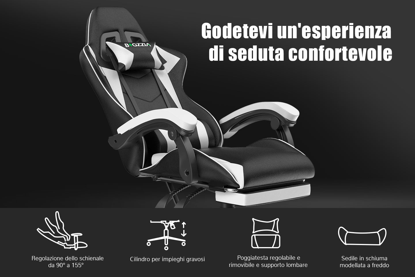 Sedia da gioco ergonomica 155° reclinabile e girevole con poggiatesta, supporto lombare Sedia da ufficio in pelle PU