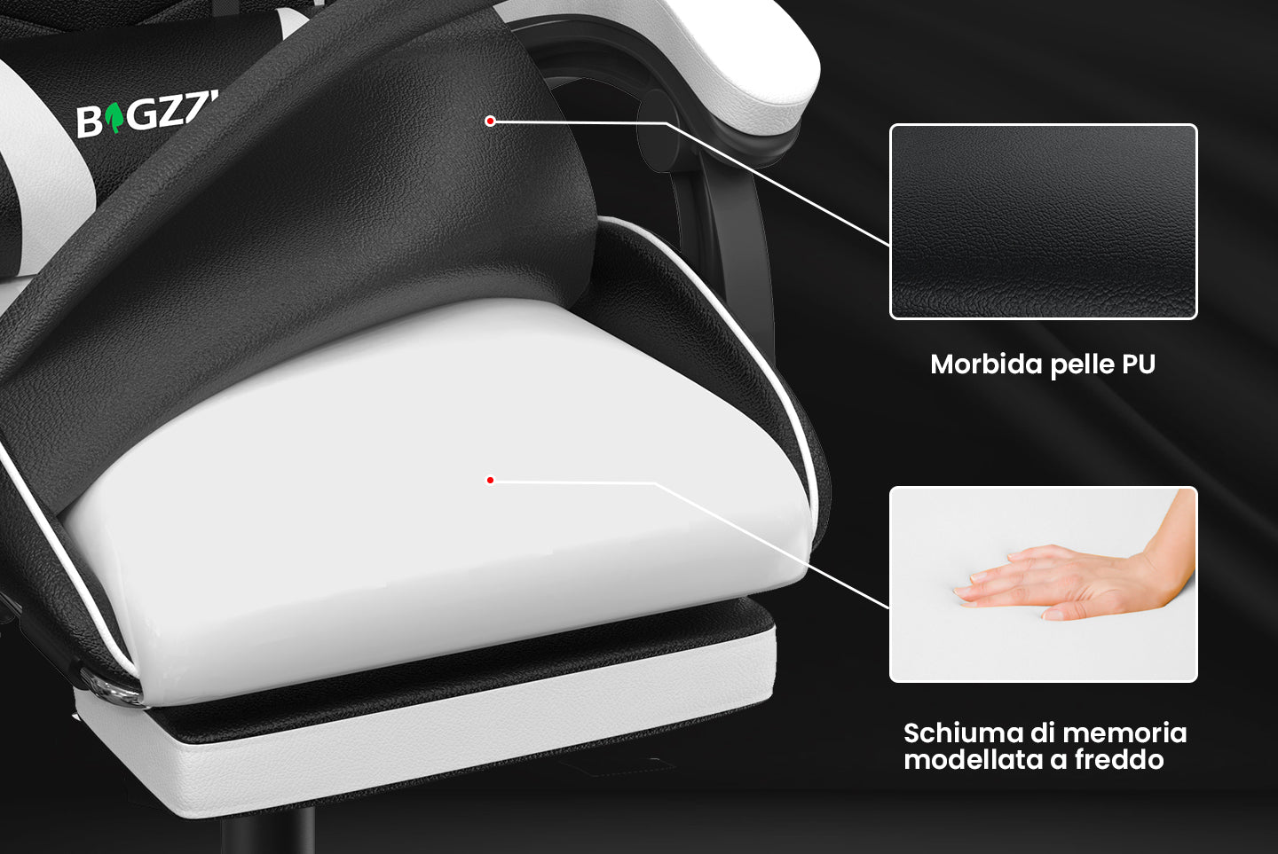 Sedia da gioco ergonomica 155° reclinabile e girevole con poggiatesta, supporto lombare Sedia da ufficio in pelle PU
