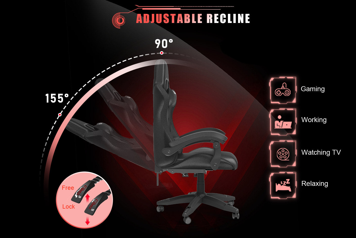 Sedia da gioco ergonomica 155° reclinabile e girevole con poggiatesta, supporto lombare Sedia da ufficio in pelle PU