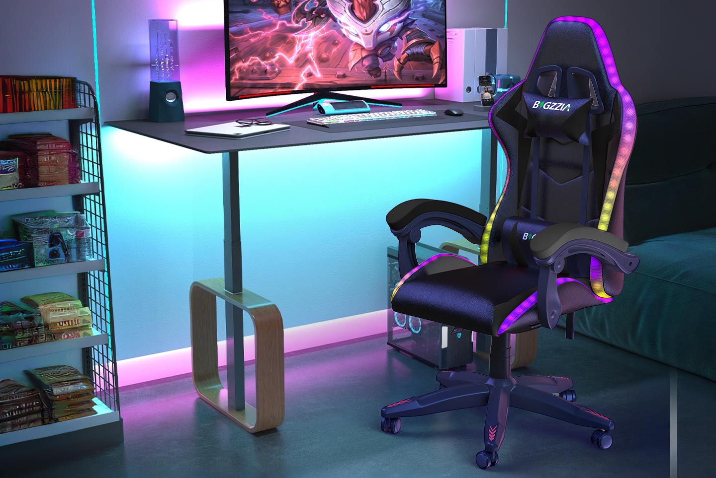 Sedia da gioco ergonomica 155° reclinabile e girevole con poggiatesta, supporto lombare Sedia da ufficio in pelle PU
