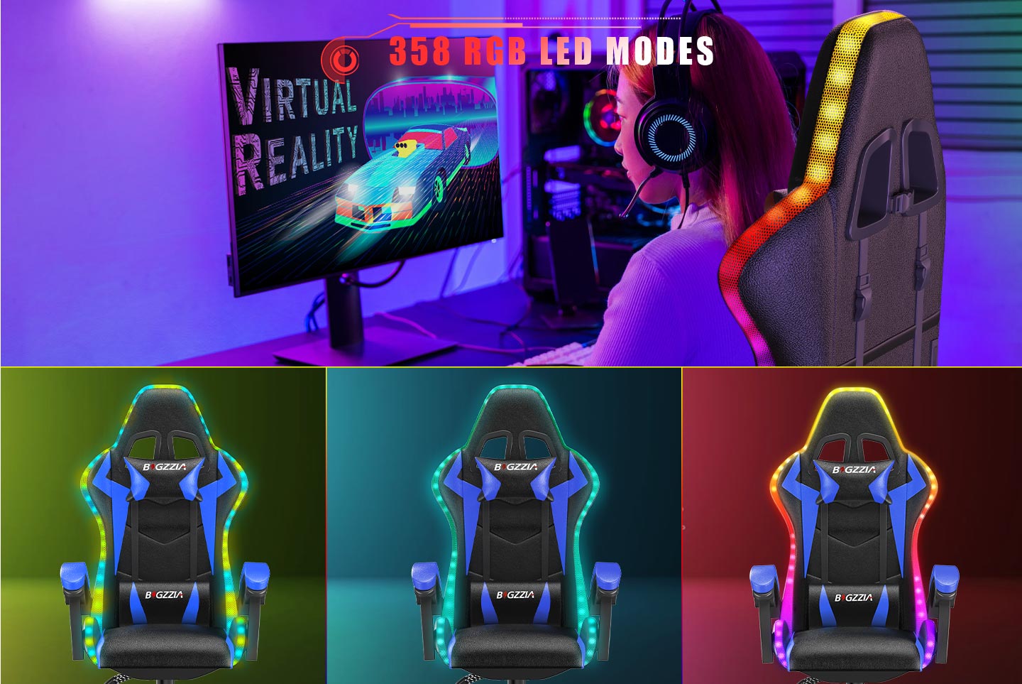 Sedia da Gioco Ergonomica con Luci LED RGB, Reclinabile, Poggiatesta e Supporto Lombare Stile Racing