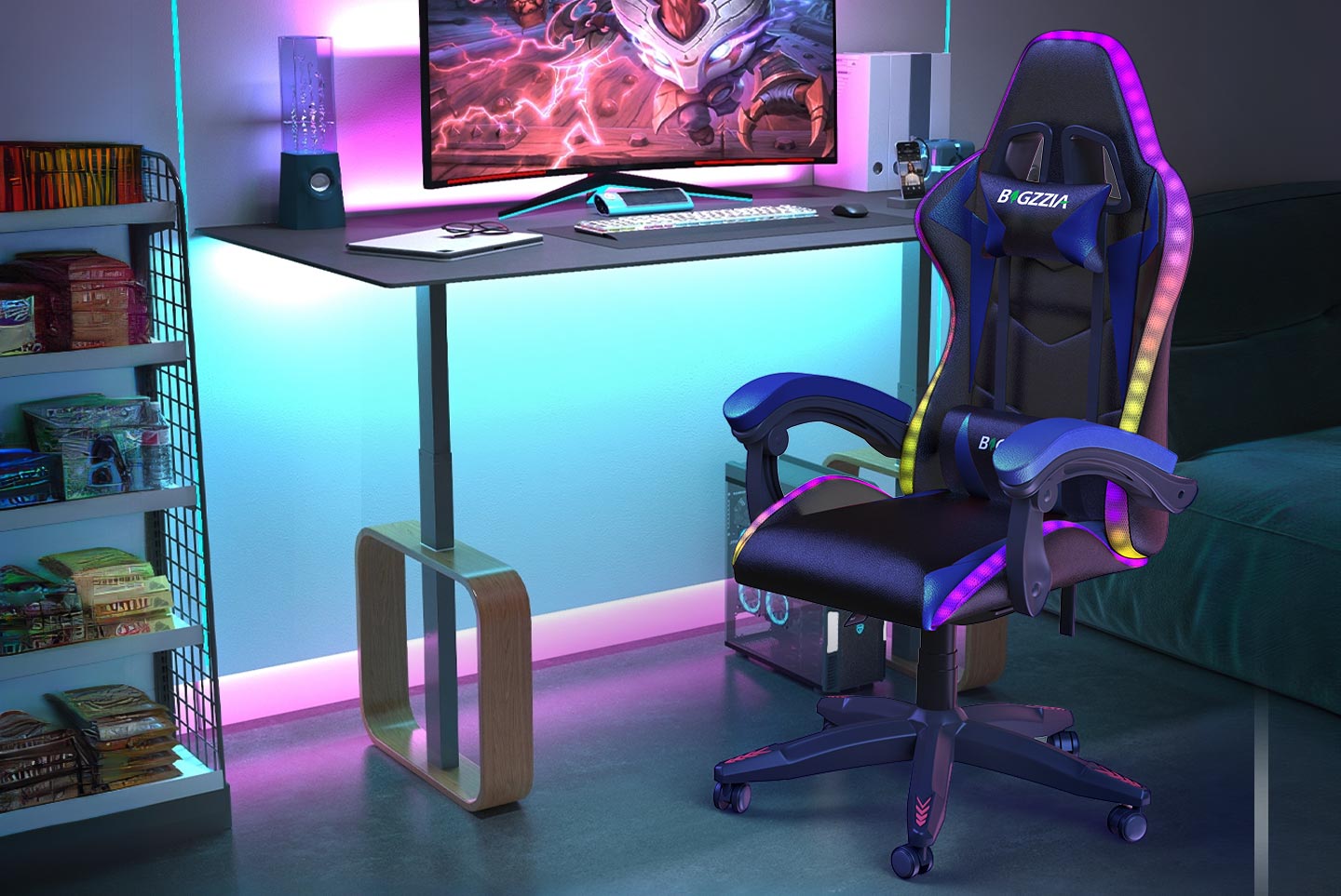 Sedia da Gioco Ergonomica con Luci LED RGB, Reclinabile, Poggiatesta e Supporto Lombare Stile Racing