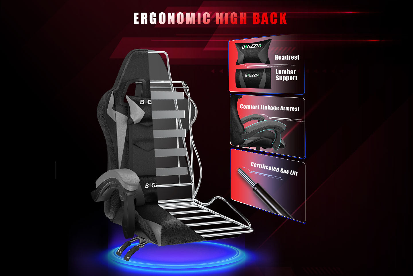 Sedia da Gioco Ergonomica con Luci LED RGB, Reclinabile, Poggiatesta e Supporto Lombare Stile Racing