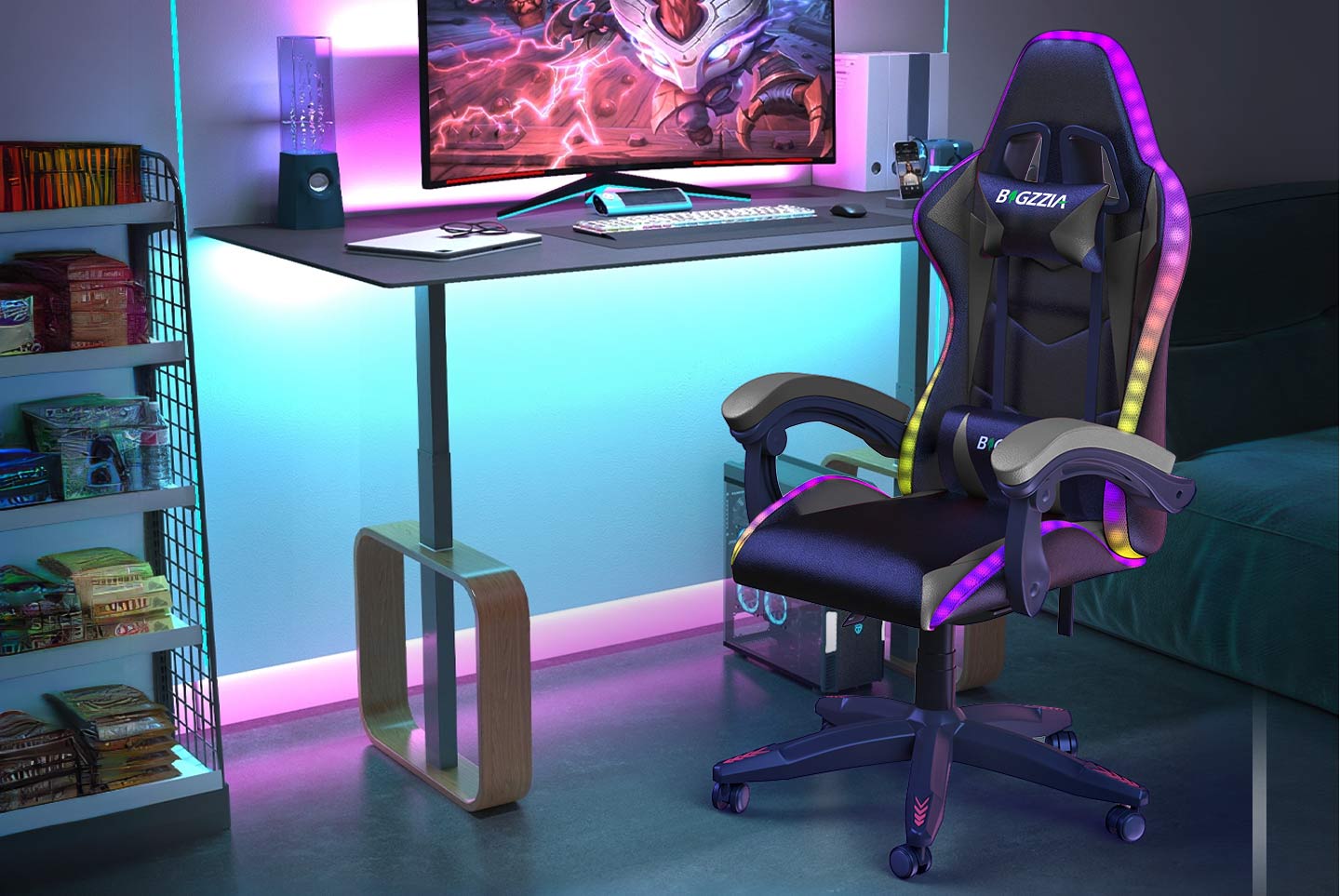 Sedia da Gioco Ergonomica con Luci LED RGB, Reclinabile, Poggiatesta e Supporto Lombare Stile Racing