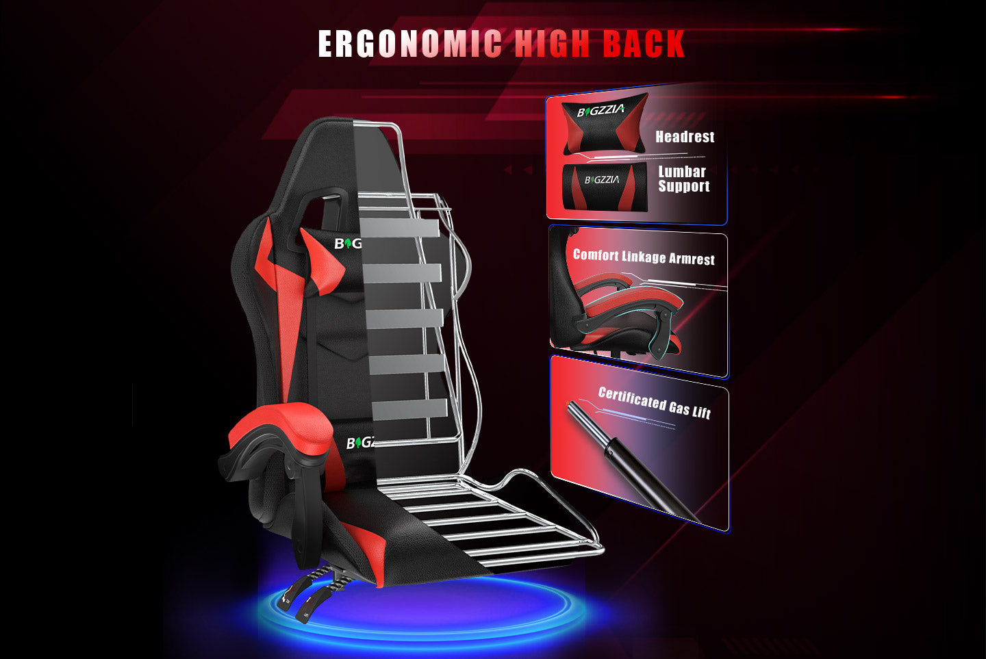 Sedia da Gioco Ergonomica con Luci LED RGB, Reclinabile, Poggiatesta e Supporto Lombare Stile Racing