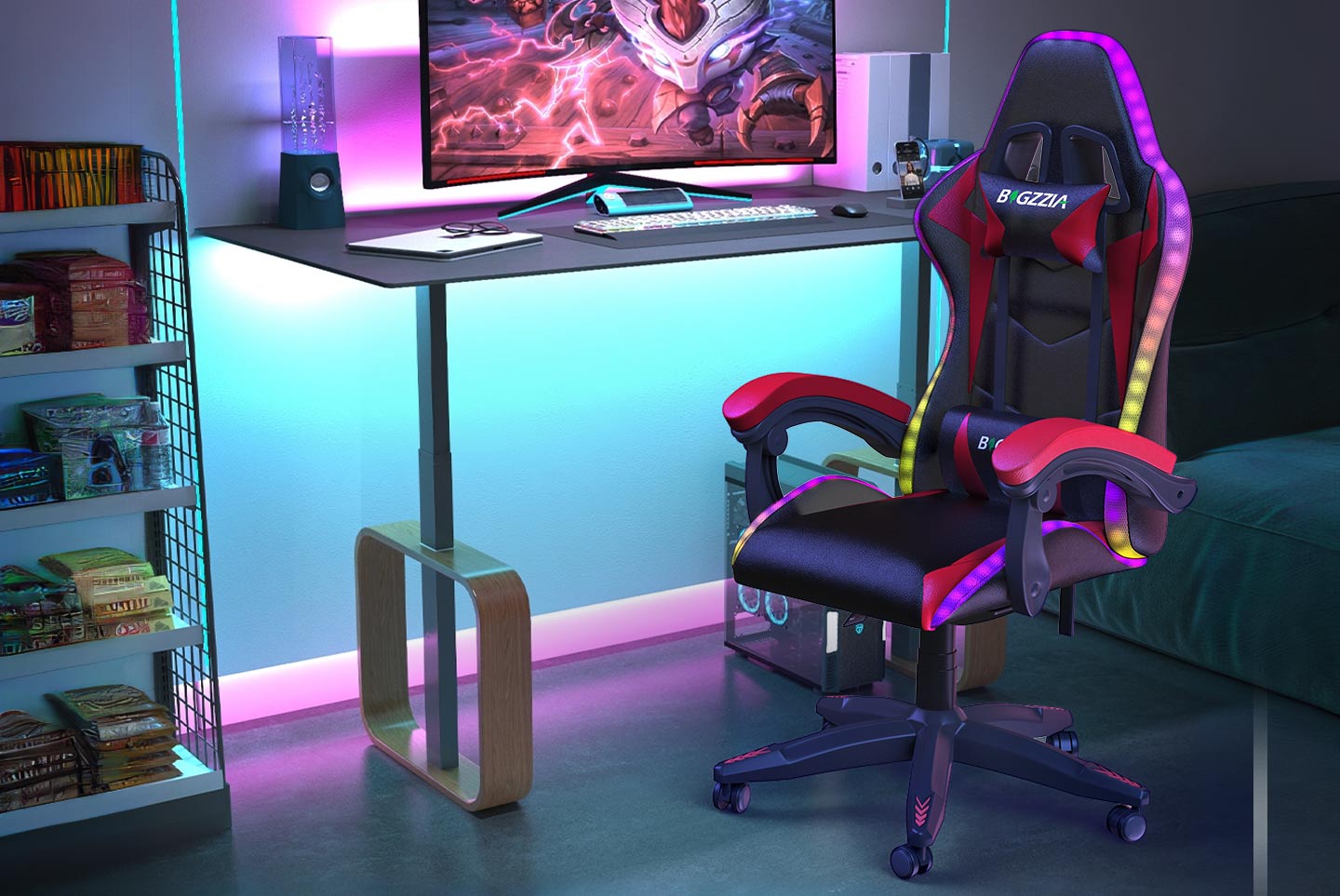 Sedia da Gioco Ergonomica con Luci LED RGB, Reclinabile, Poggiatesta e Supporto Lombare Stile Racing