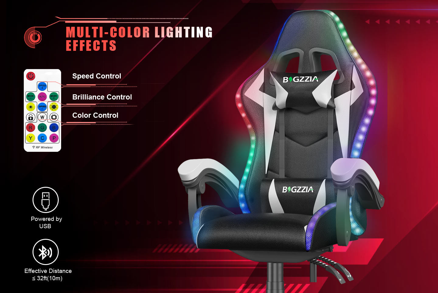Sedia da Gioco Ergonomica con Luci LED RGB, Reclinabile, Poggiatesta e Supporto Lombare Stile Racing
