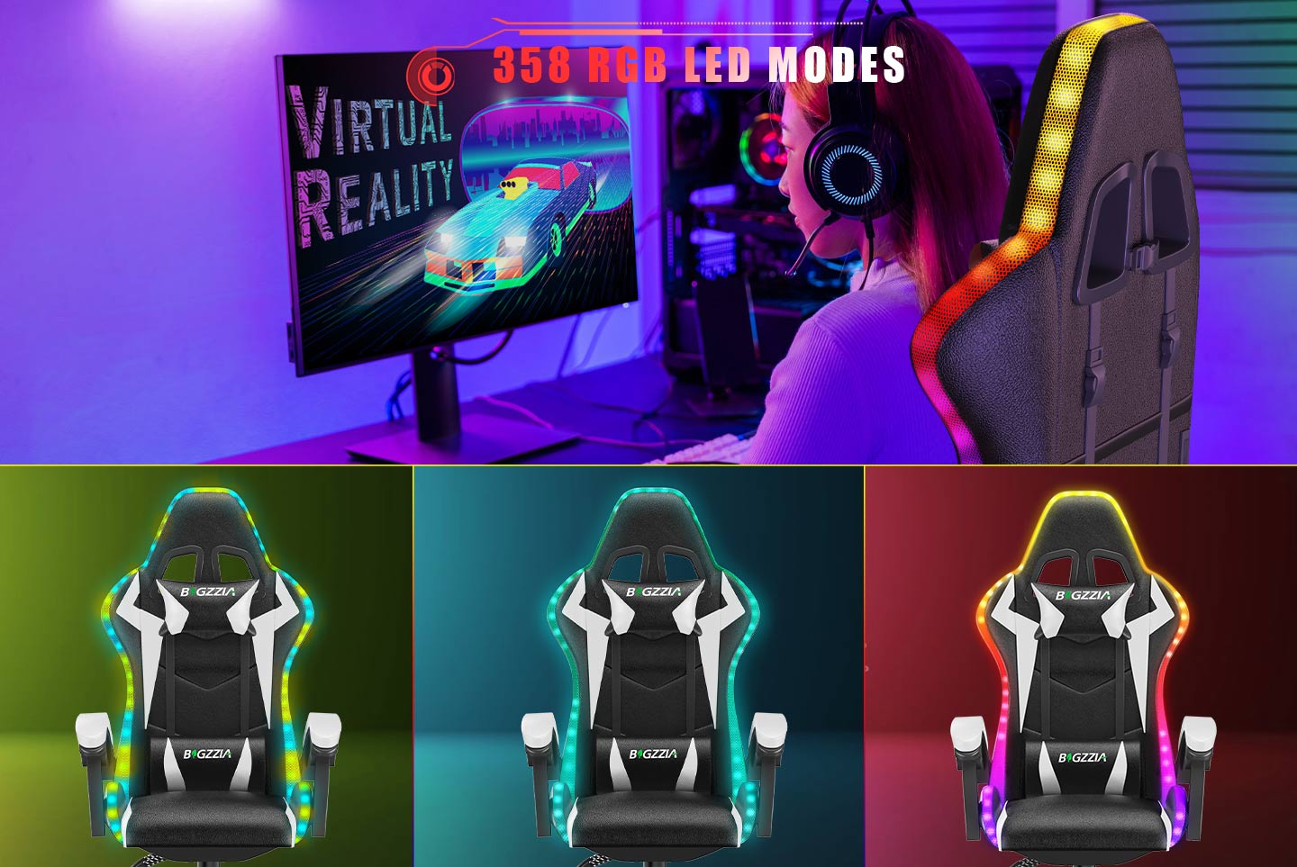 Sedia da Gioco Ergonomica con Luci LED RGB, Reclinabile, Poggiatesta e Supporto Lombare Stile Racing