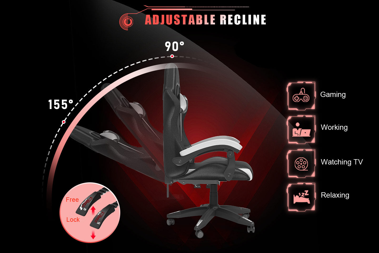 Sedia da Gioco Ergonomica con Luci LED RGB, Reclinabile, Poggiatesta e Supporto Lombare Stile Racing
