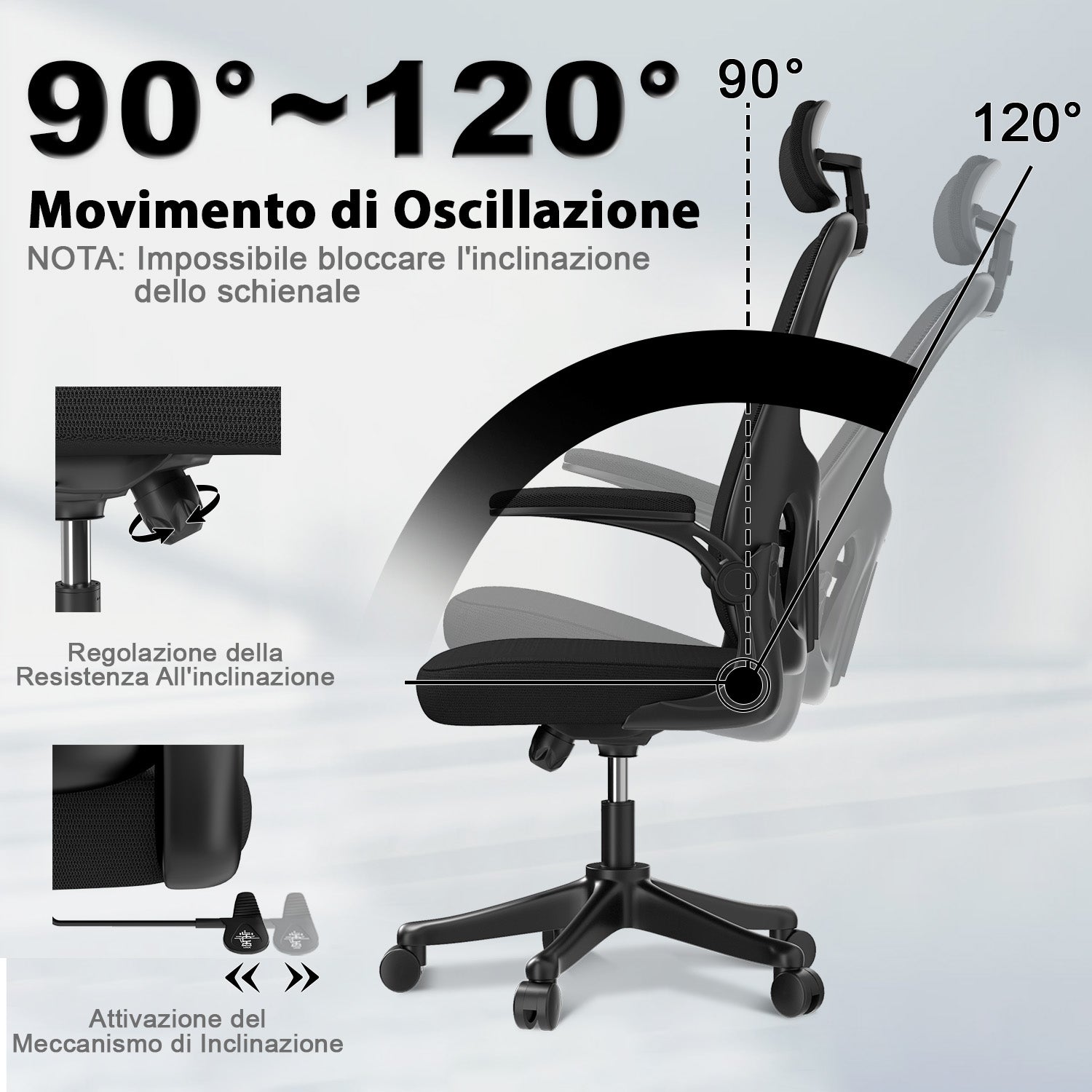 Sedia da Ufficio, Sedia Ufficio Ergonomica con Braccioli Regolabili in Rete Traspirante, Altezza Regolabile e Schienale Inclinabile con Ruote Girevoli