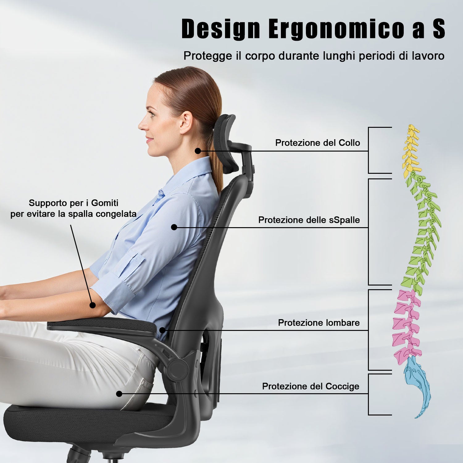 Sedia da Ufficio, Sedia Ufficio Ergonomica con Braccioli Regolabili in Rete Traspirante, Altezza Regolabile e Schienale Inclinabile con Ruote Girevoli