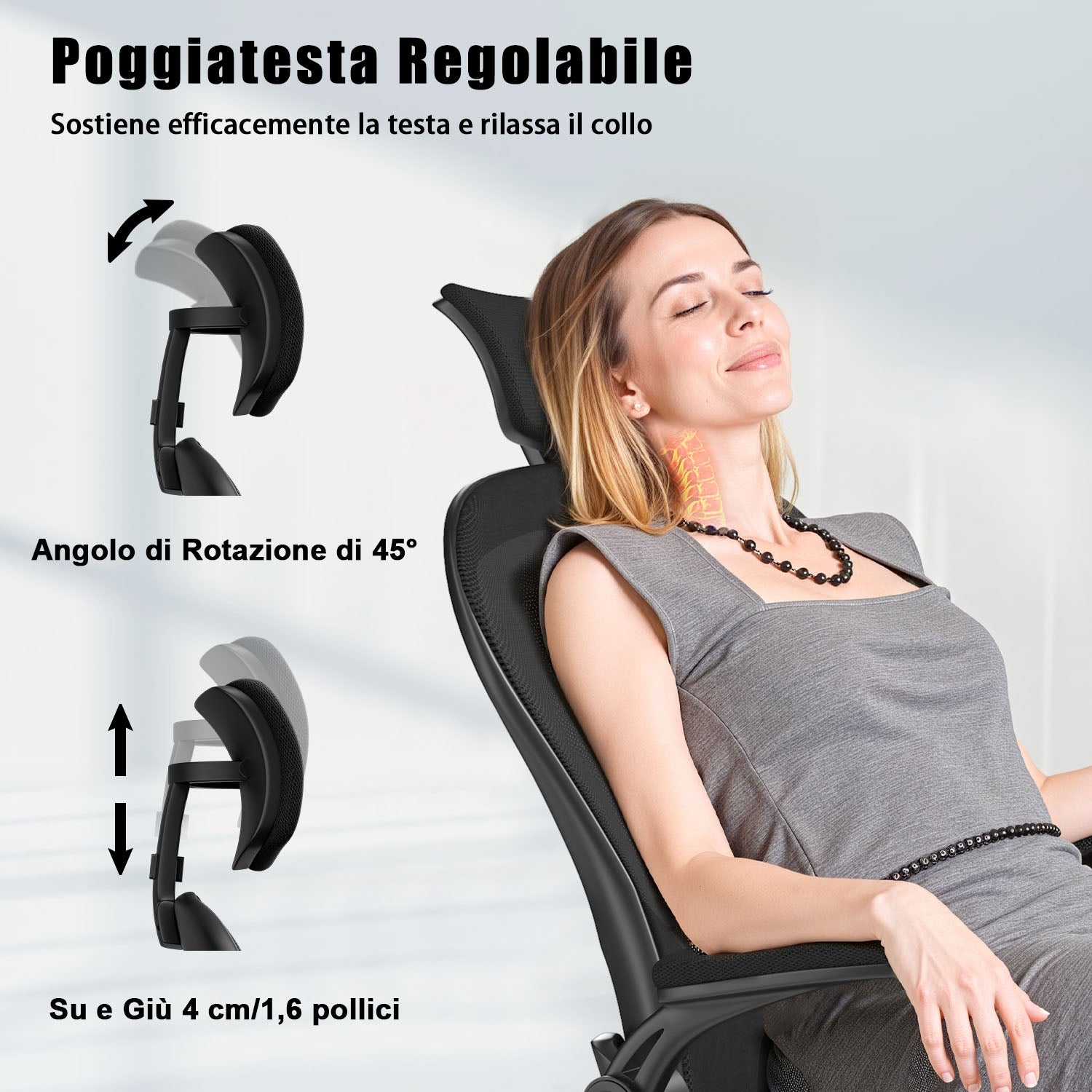 Sedia da Ufficio, Sedia Ufficio Ergonomica con Braccioli Regolabili in Rete Traspirante, Altezza Regolabile e Schienale Inclinabile con Ruote Girevoli