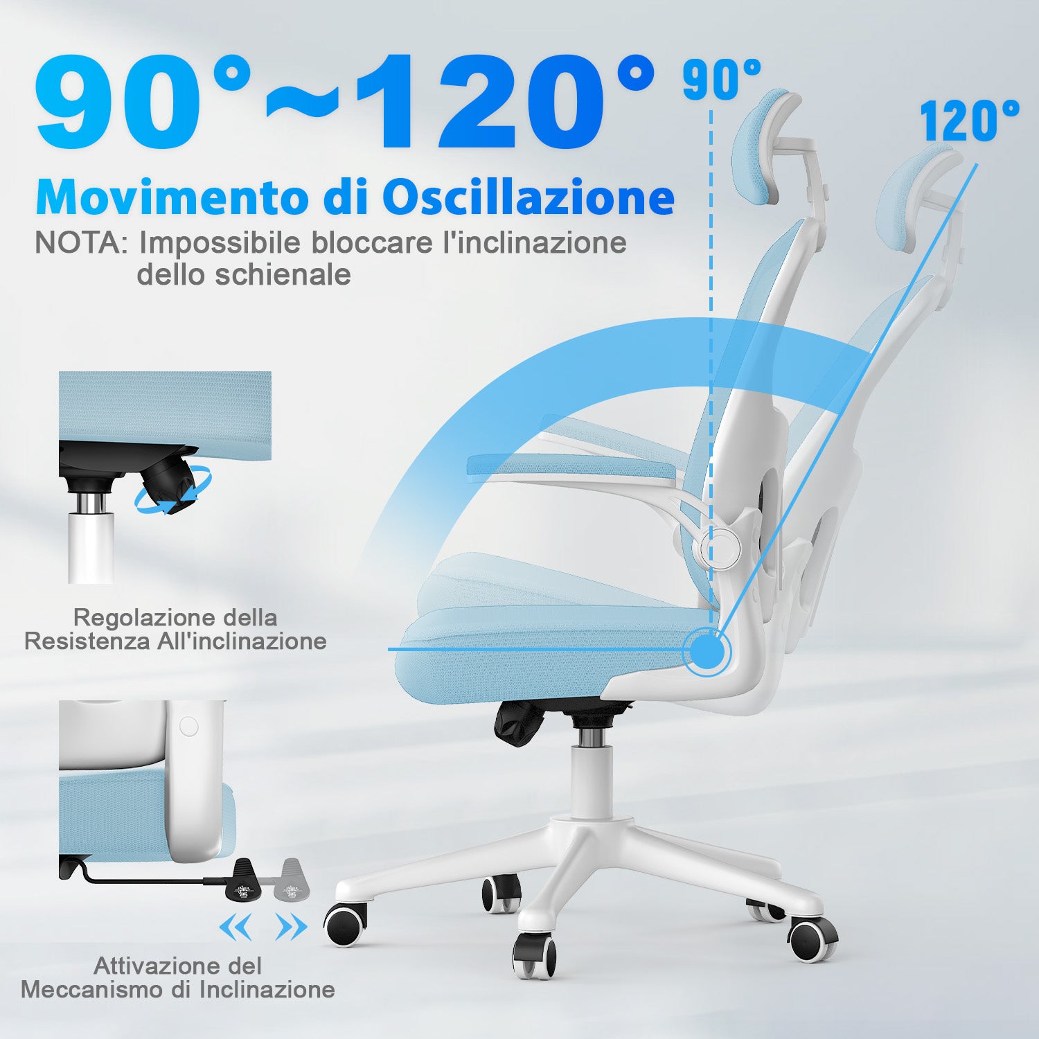 Sedia da Ufficio, Sedia Ufficio Ergonomica con Braccioli Regolabili in Rete Traspirante, Altezza Regolabile e Schienale Inclinabile con Ruote Girevoli
