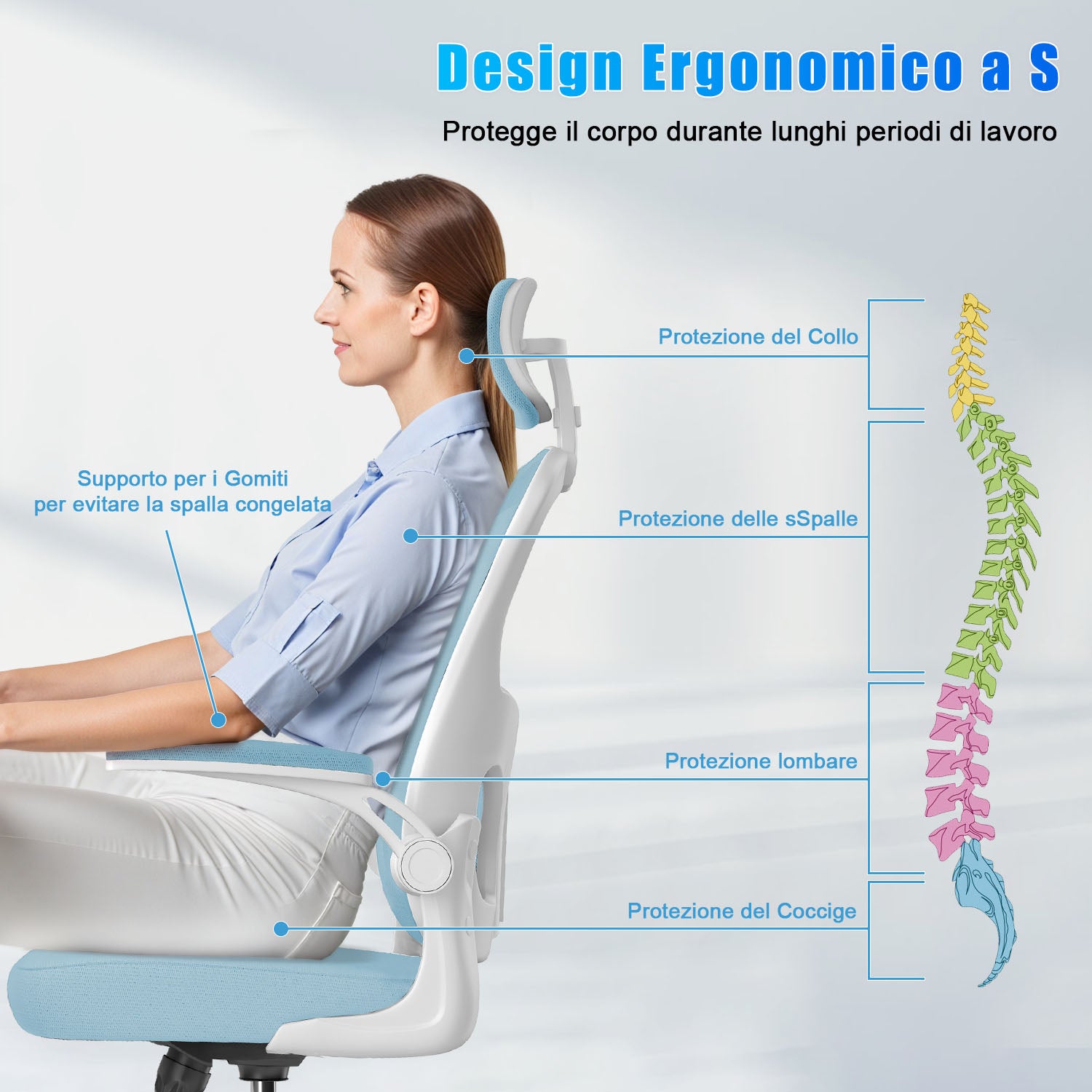 Sedia da Ufficio, Sedia Ufficio Ergonomica con Braccioli Regolabili in Rete Traspirante, Altezza Regolabile e Schienale Inclinabile con Ruote Girevoli