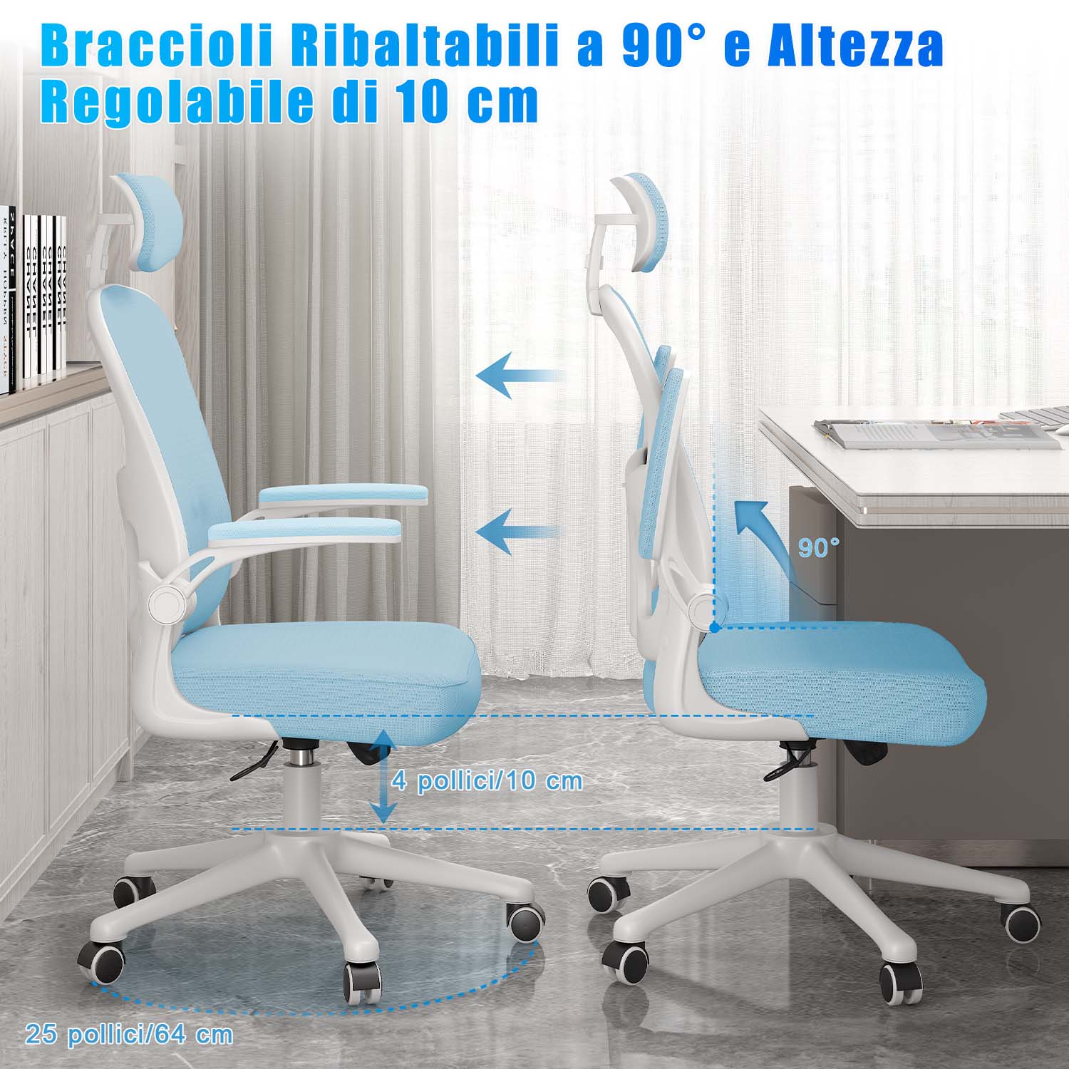 Sedia da Ufficio, Sedia Ufficio Ergonomica con Braccioli Regolabili in Rete Traspirante, Altezza Regolabile e Schienale Inclinabile con Ruote Girevoli