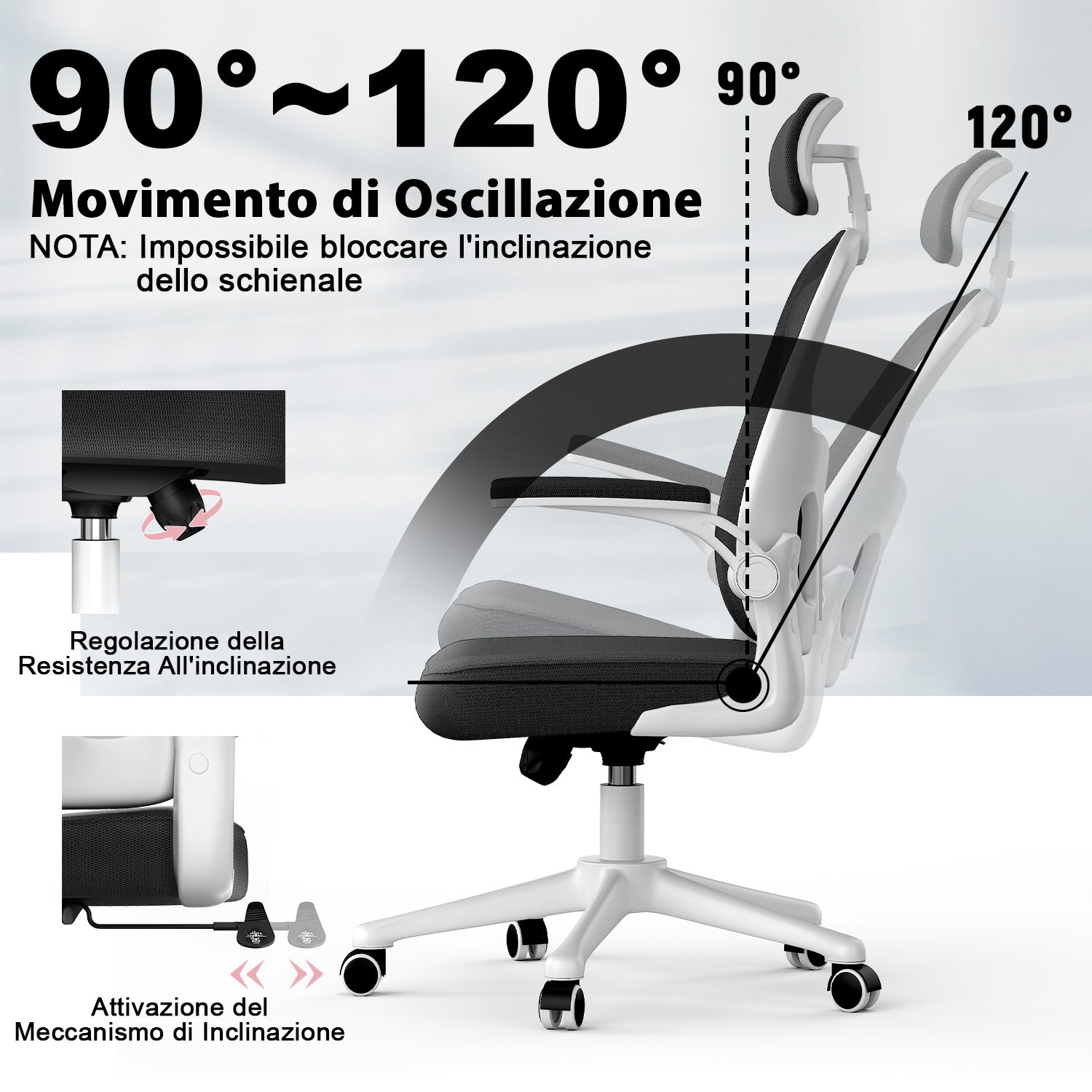 Sedia da Ufficio, Sedia Ufficio Ergonomica con Braccioli Regolabili in Rete Traspirante, Altezza Regolabile e Schienale Inclinabile con Ruote Girevoli