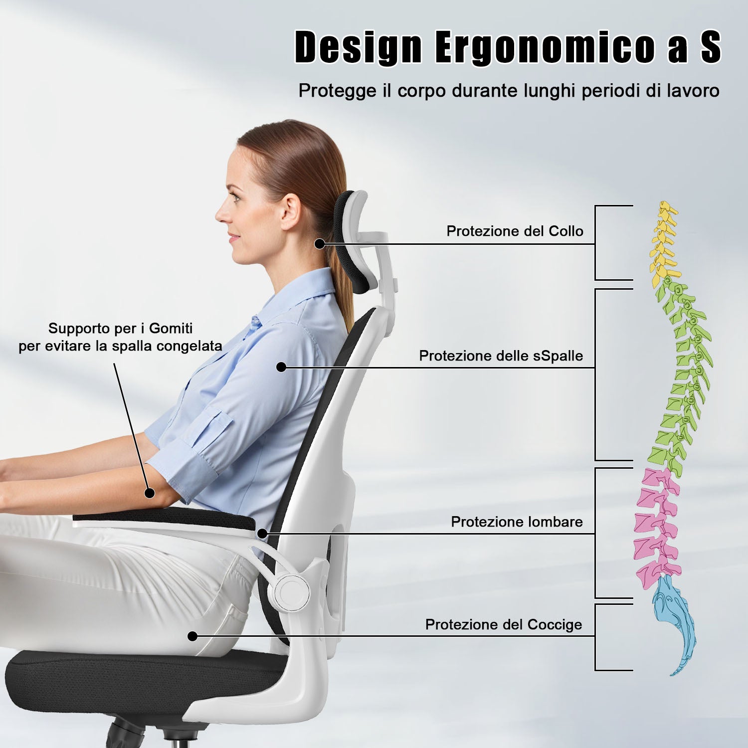Sedia da Ufficio, Sedia Ufficio Ergonomica con Braccioli Regolabili in Rete Traspirante, Altezza Regolabile e Schienale Inclinabile con Ruote Girevoli