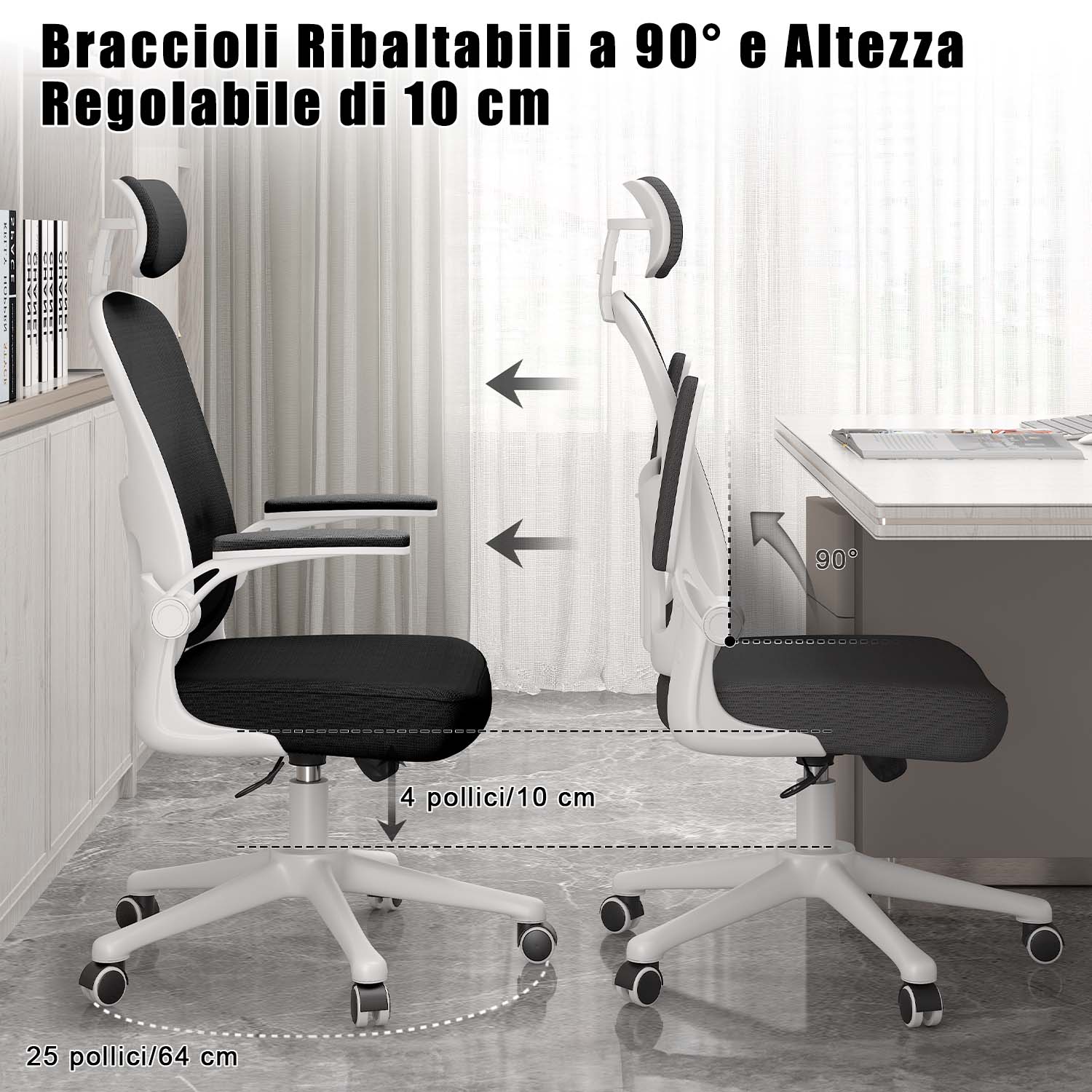 Sedia da Ufficio, Sedia Ufficio Ergonomica con Braccioli Regolabili in Rete Traspirante, Altezza Regolabile e Schienale Inclinabile con Ruote Girevoli