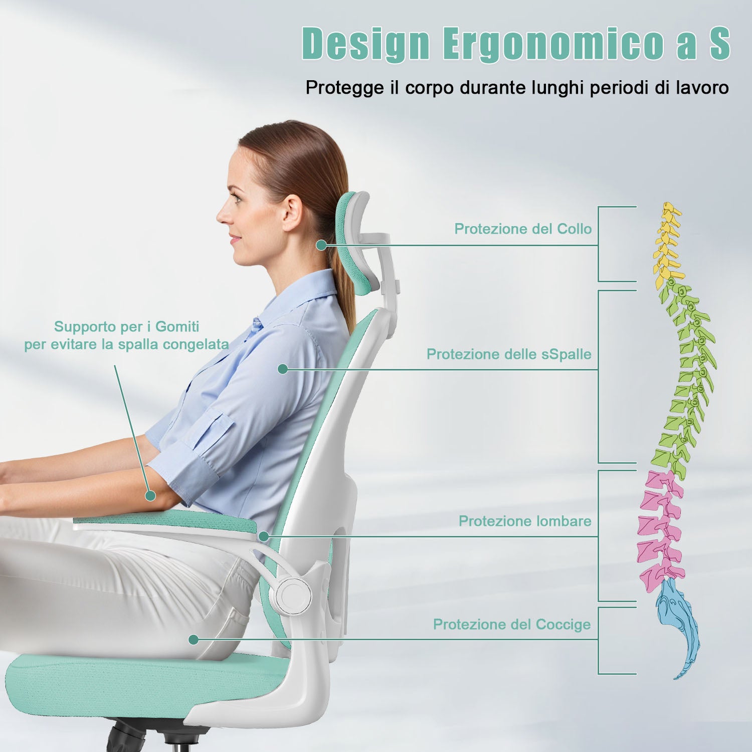 Sedia da Ufficio, Sedia Ufficio Ergonomica con Braccioli Regolabili in Rete Traspirante, Altezza Regolabile e Schienale Inclinabile con Ruote Girevoli