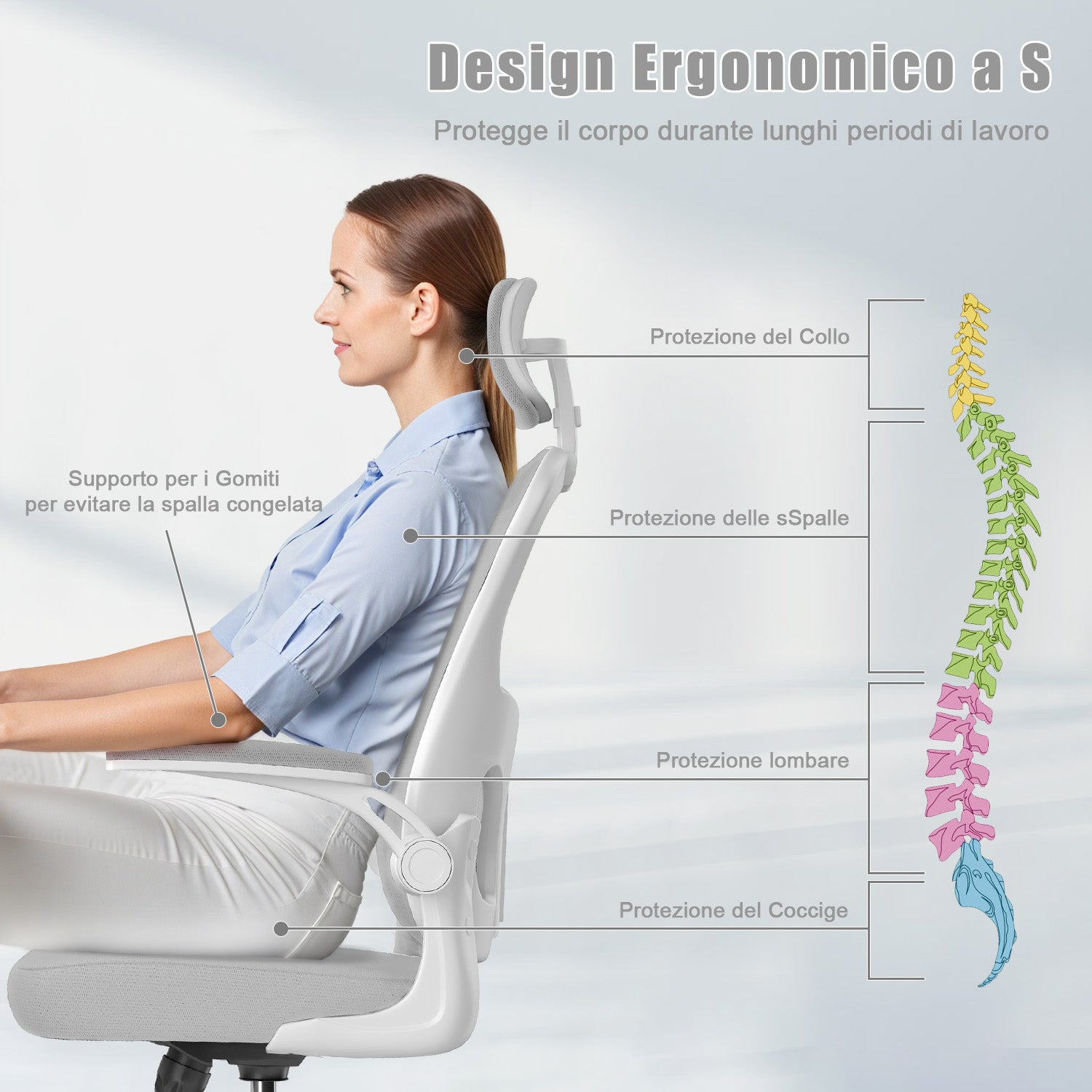 Sedia da Ufficio, Sedia Ufficio Ergonomica con Braccioli Regolabili in Rete Traspirante, Altezza Regolabile e Schienale Inclinabile con Ruote Girevoli