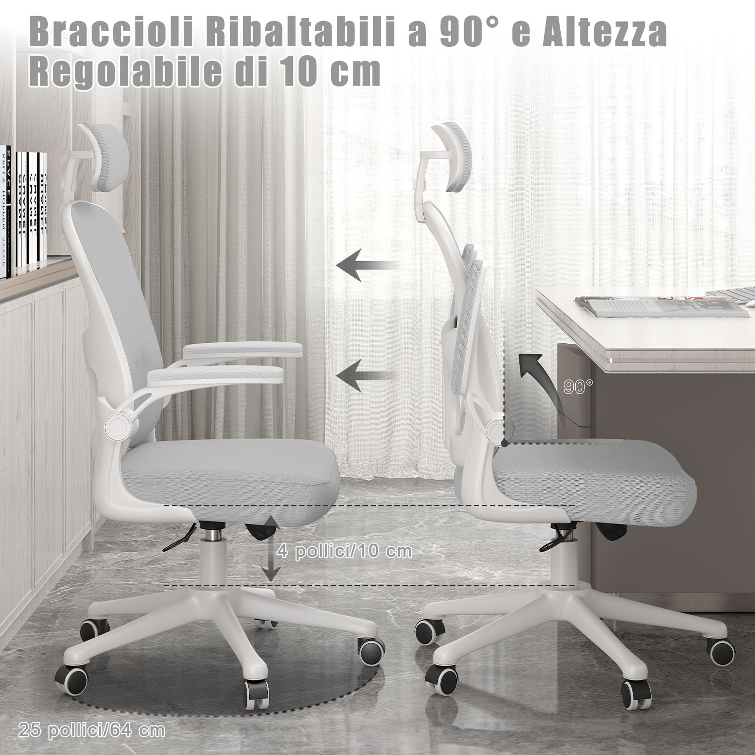 Sedia da Ufficio, Sedia Ufficio Ergonomica con Braccioli Regolabili in Rete Traspirante, Altezza Regolabile e Schienale Inclinabile con Ruote Girevoli