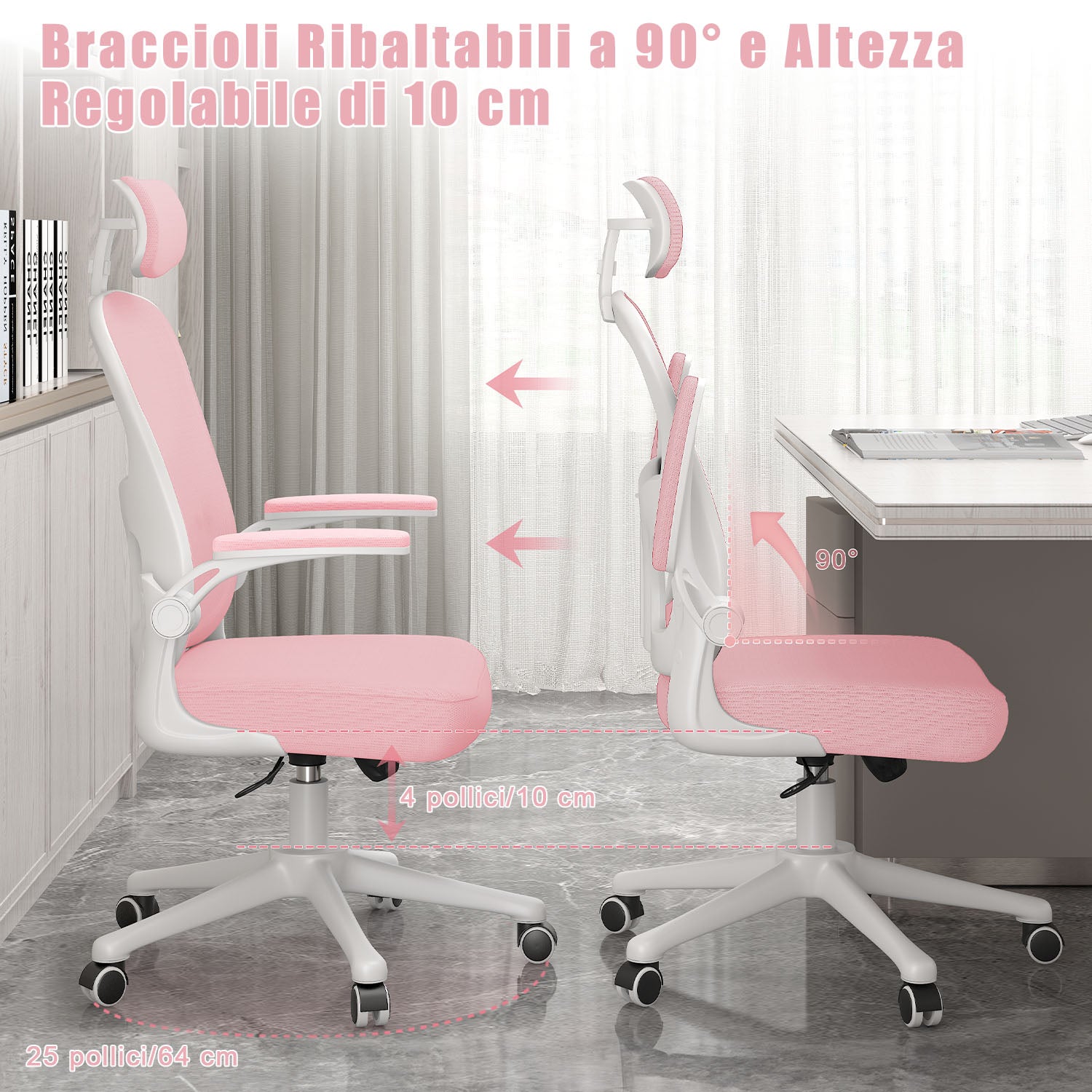 Sedia da Ufficio, Sedia Ufficio Ergonomica con Braccioli Regolabili in Rete Traspirante, Altezza Regolabile e Schienale Inclinabile con Ruote Girevoli