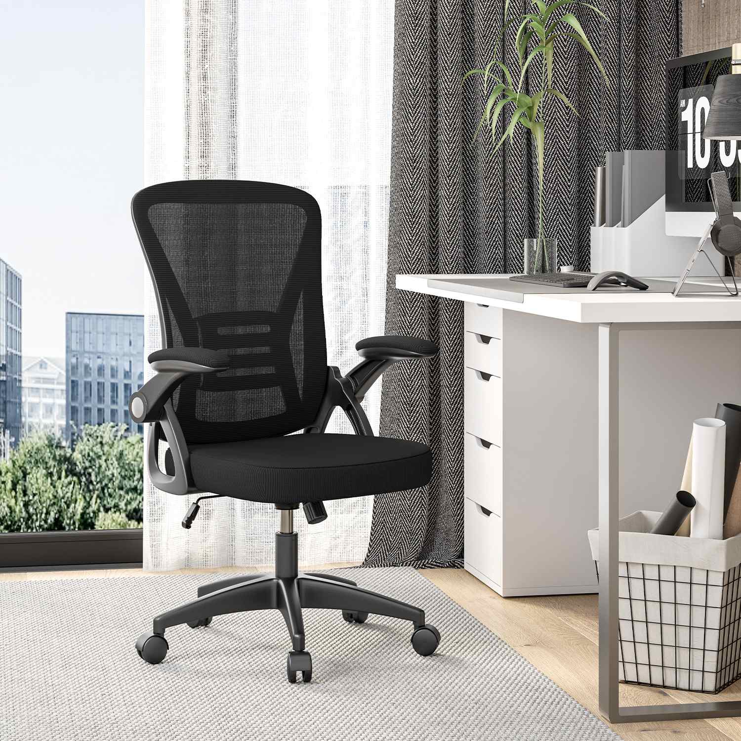 Sedia da Ufficio Sedia da Scrivania Ergonomica con Bracciolo Ribaltabile a 90°, Sedia da Scrivania per Ufficio Regolabile in Altezza