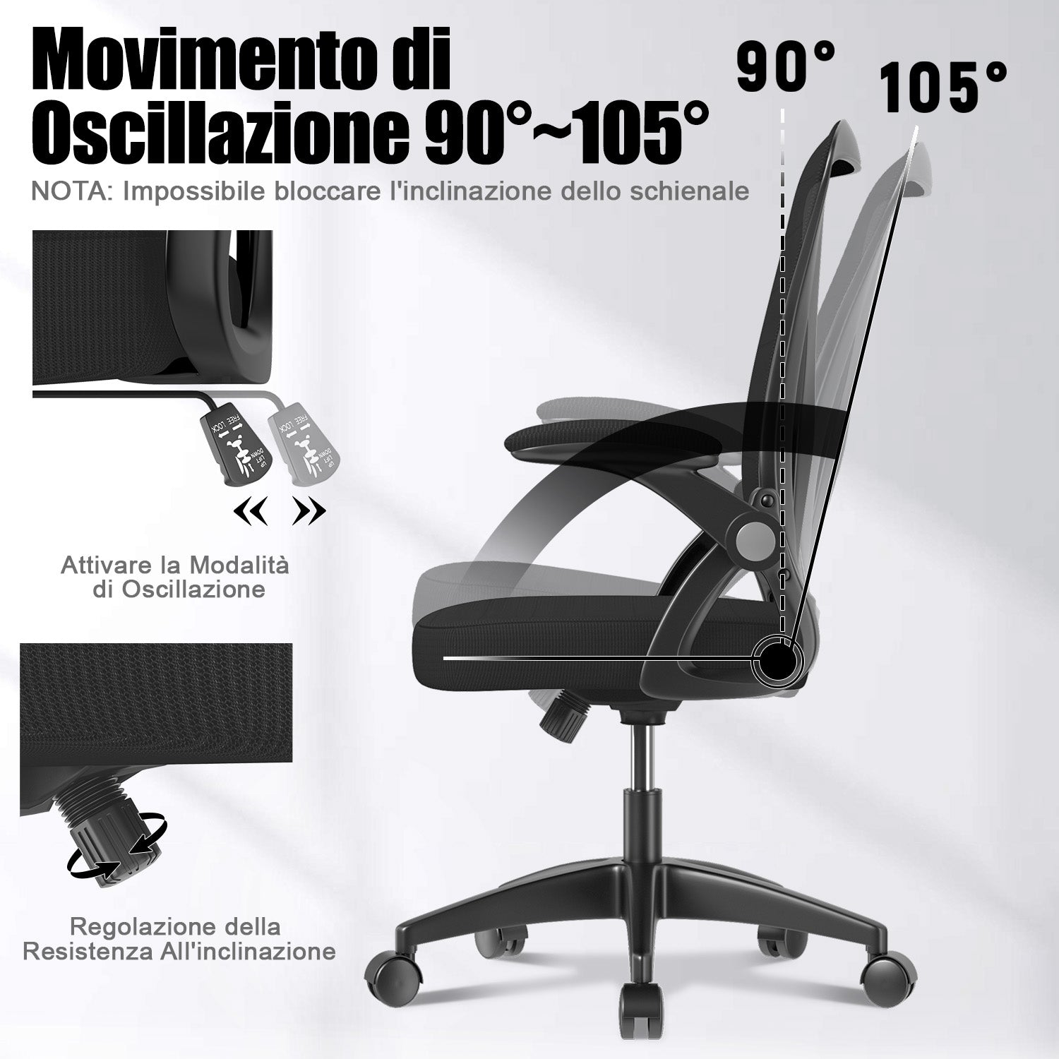 Sedia da Ufficio Sedia da Scrivania Ergonomica con Bracciolo Ribaltabile a 90°, Sedia da Scrivania per Ufficio Regolabile in Altezza