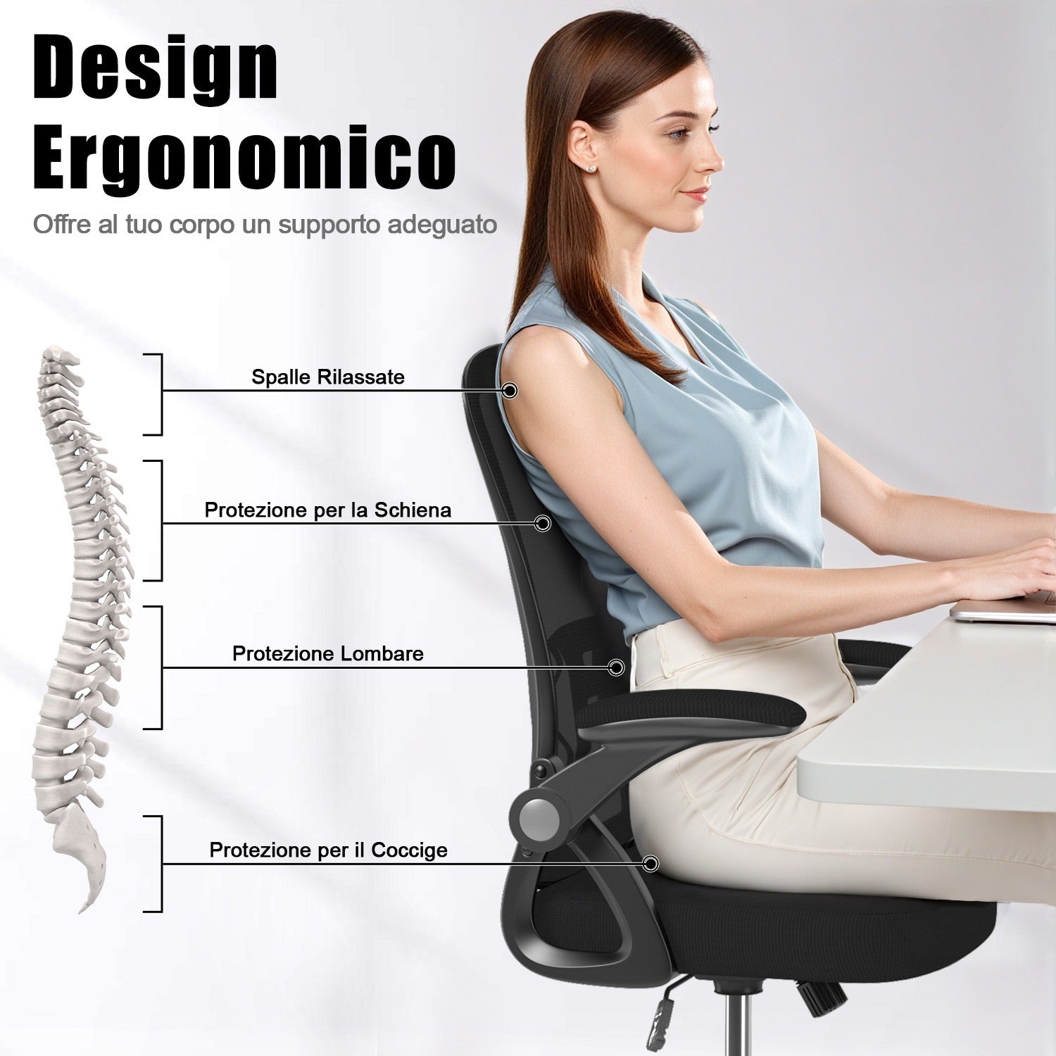 Sedia da Ufficio Sedia da Scrivania Ergonomica con Bracciolo Ribaltabile a 90°, Sedia da Scrivania per Ufficio Regolabile in Altezza