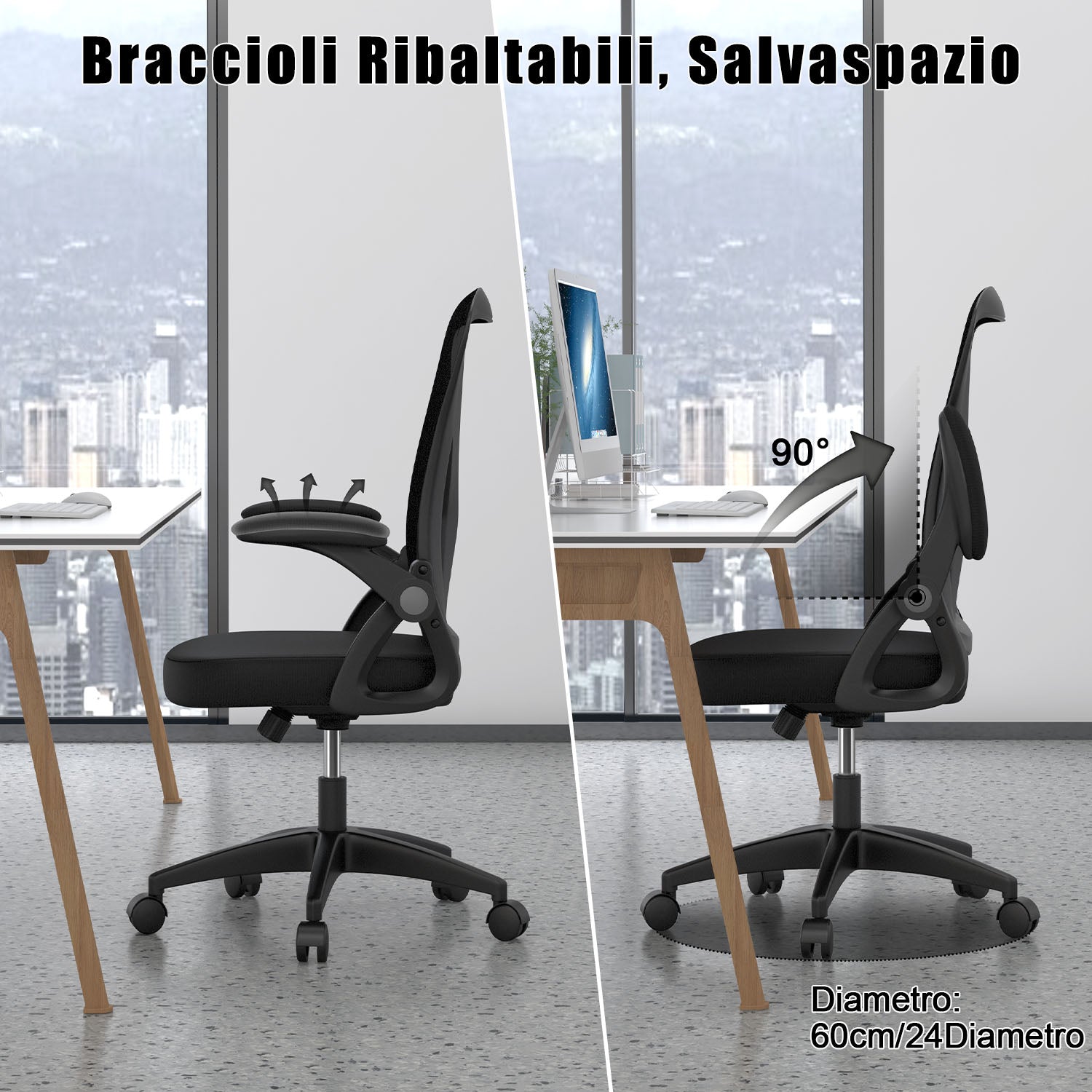 Sedia da Ufficio Sedia da Scrivania Ergonomica con Bracciolo Ribaltabile a 90°, Sedia da Scrivania per Ufficio Regolabile in Altezza