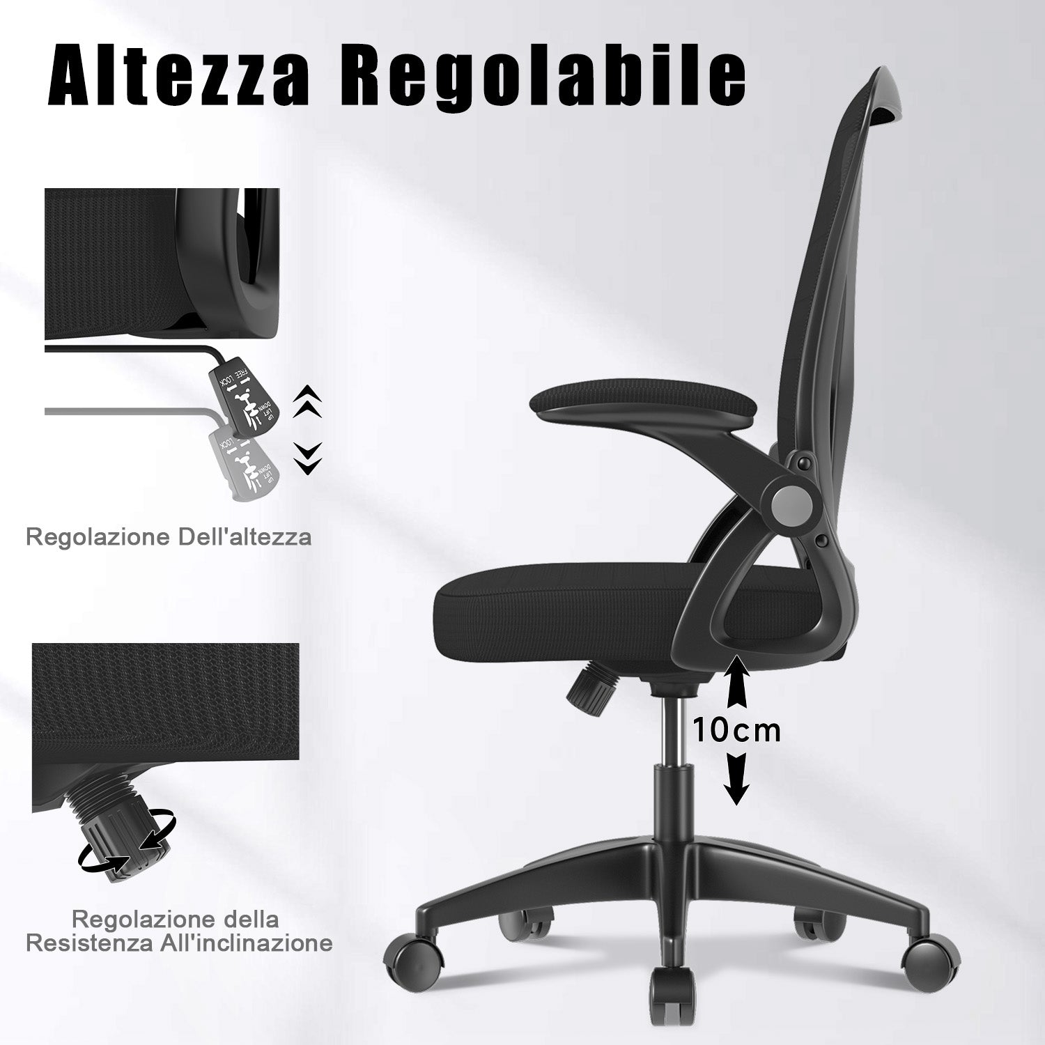 Sedia da Ufficio Sedia da Scrivania Ergonomica con Bracciolo Ribaltabile a 90°, Sedia da Scrivania per Ufficio Regolabile in Altezza