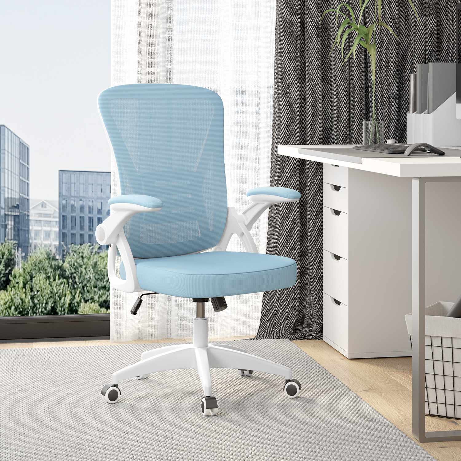 Sedia da Ufficio Sedia da Scrivania Ergonomica con Bracciolo Ribaltabile a 90°, Sedia da Scrivania per Ufficio Regolabile in Altezza