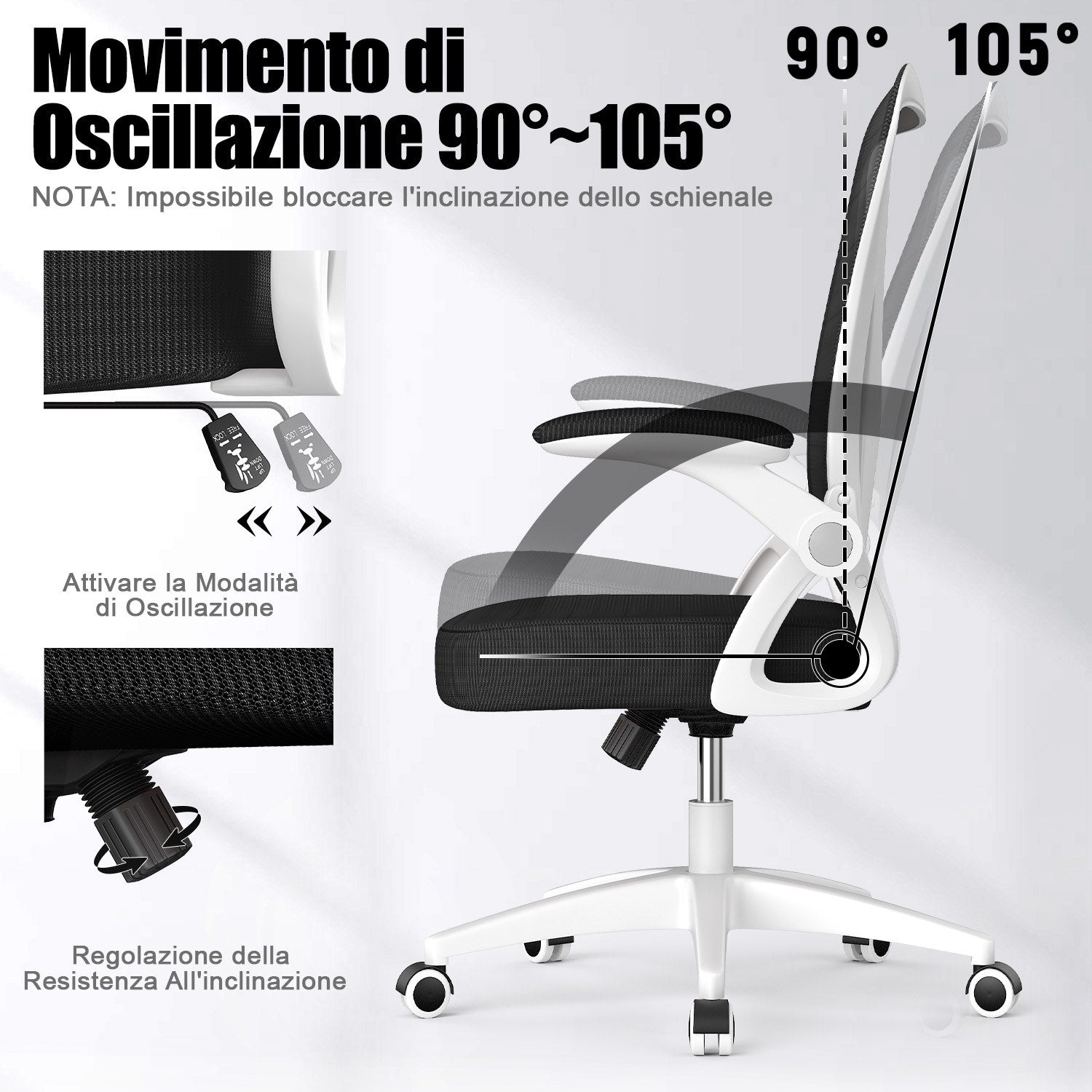 Sedia da Ufficio Sedia da Scrivania Ergonomica con Bracciolo Ribaltabile a 90°, Sedia da Scrivania per Ufficio Regolabile in Altezza
